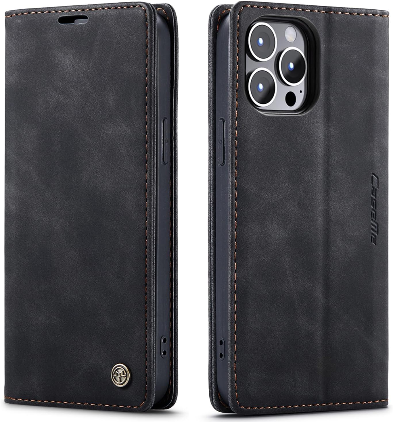 Leather Case for iPhone 15 Pro Max, Book Folding Flip Folio Case with Magnetic Kickstand, Card Slots, Protective Cover, Black