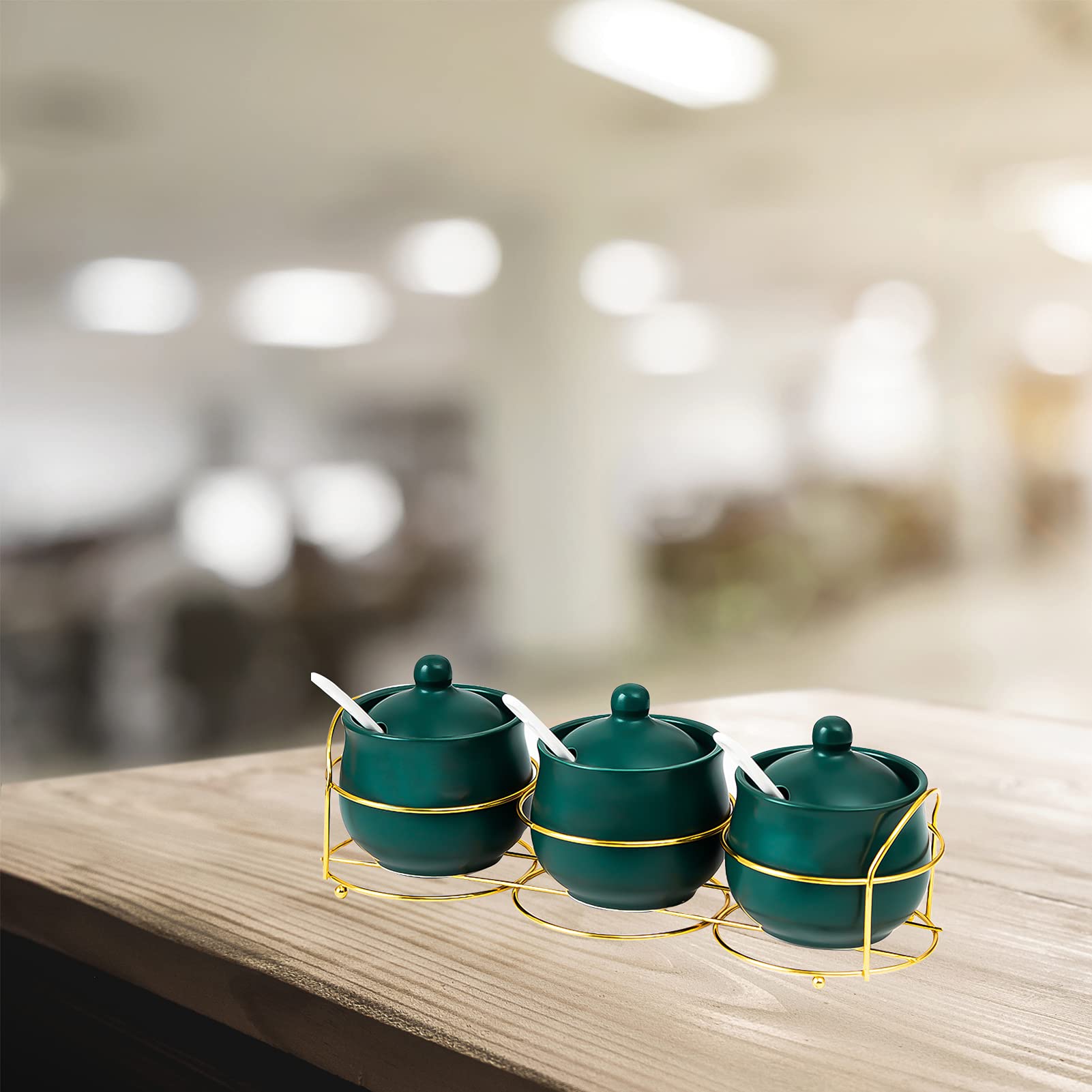 Gewürzdosen-Set aus Keramik mit Löffel, dunkelgrüne Gewürzbehälter mit Deckel, Gewürzgläser Gewürzdosen Set für Tee Kaffee Gewürzsauce