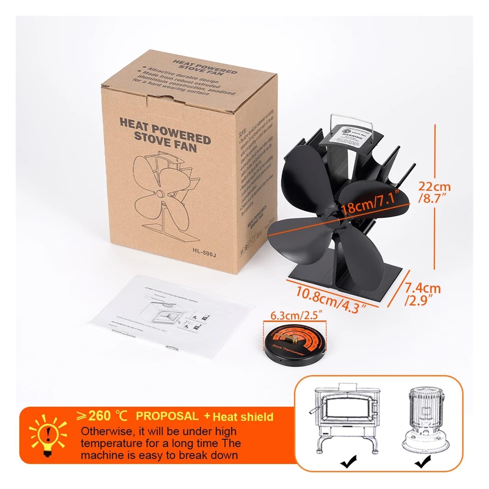 Leiser Brennerventilator, Winter 4-flügeliger, wärmebetriebener Ofenventilator, Holzbrenner, umweltfreundlich, leiser Kaminventilator, effiziente Wärmeverteilung for Zuhause(With Thermometer