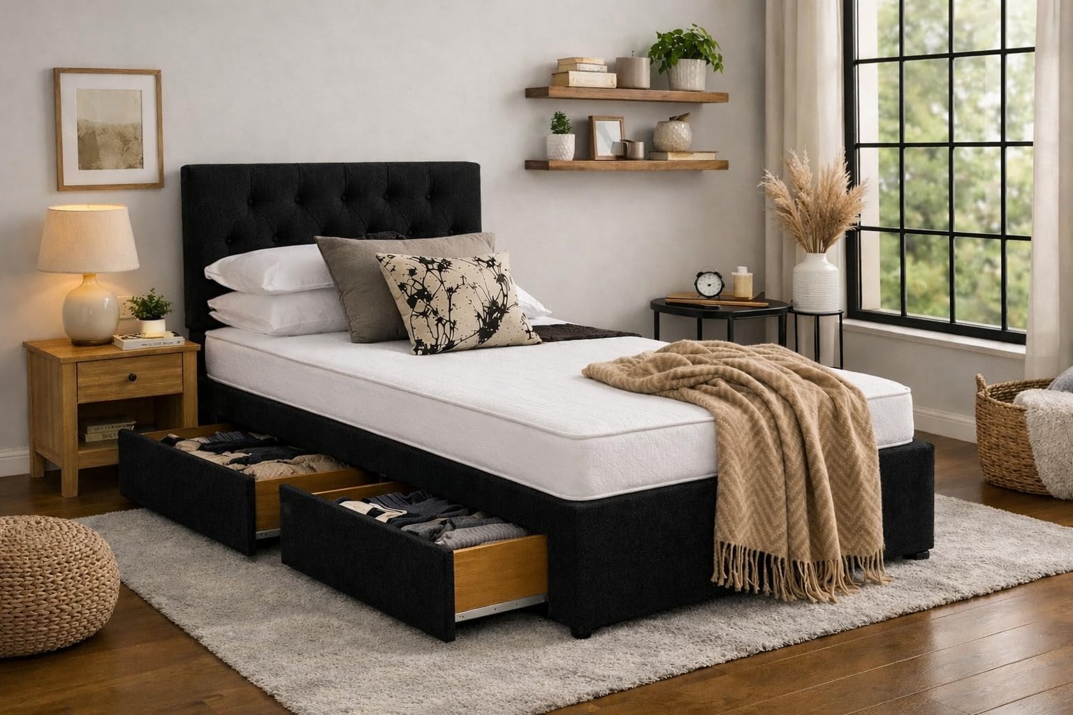 Divan Bed with Mattress | Single 3FT | Choice of Colours | 2 Storage Drawers | Toronto Headboard | Bed Frame with Mattress Included (Black Chenille)