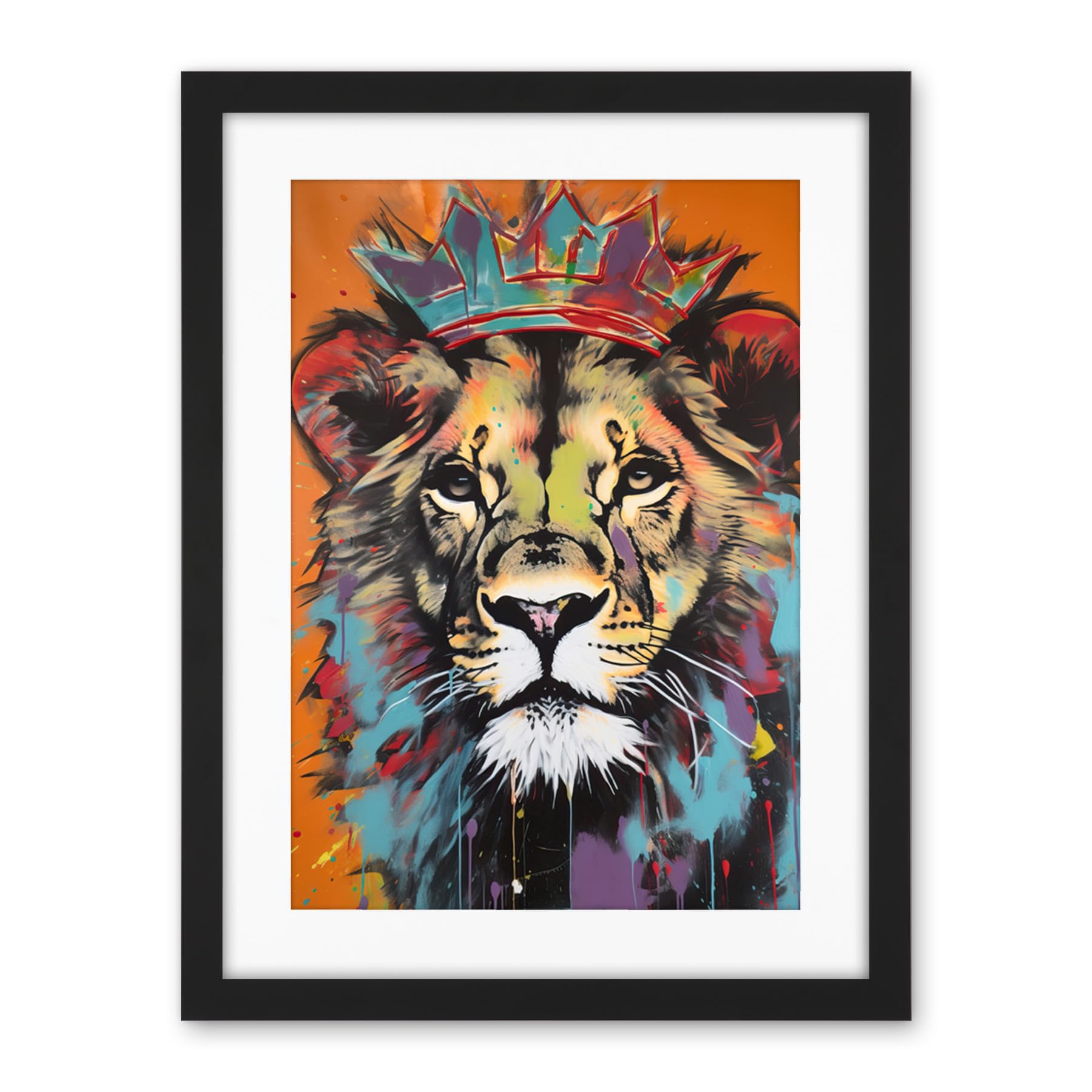 Artery8 Lion Wearing Crown Jungle King Animal Portrait Artwork Framed Wall Art Print 18X24 Inch