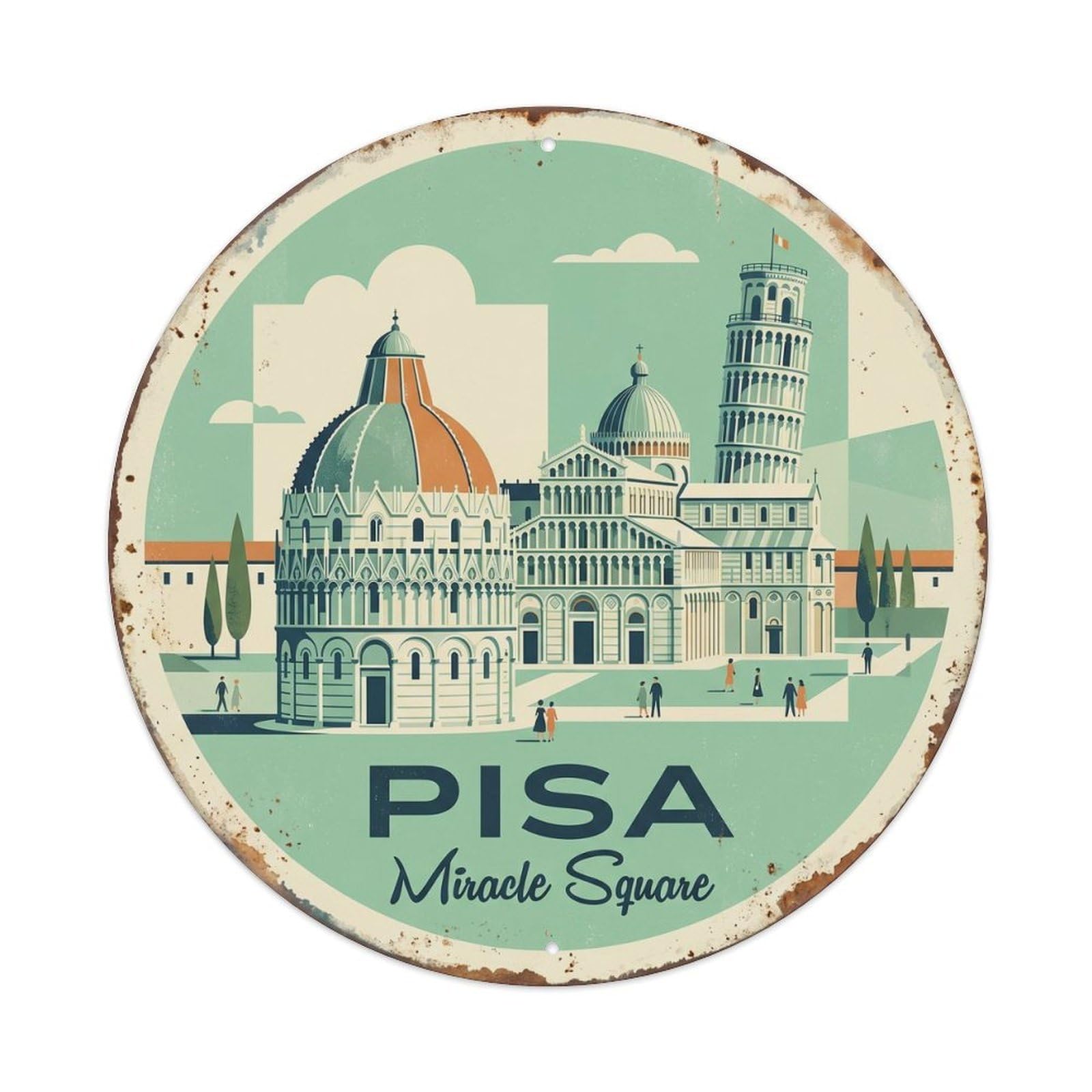 Vintage Travel Pisa Cathedral Italy Metal Tin Sign Plaque Wall Decor for Cafe, Club, Garden Round Metal Poster 8x8Inch