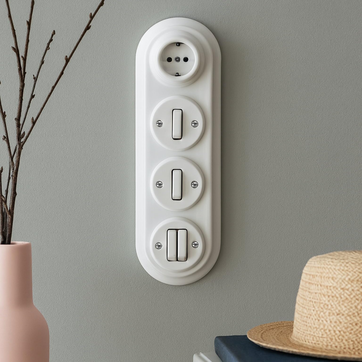 Unterputz Porzellan Retro Steckdose, Schalter, 4-fach, All-in-One, SET Serie PR1 weiß