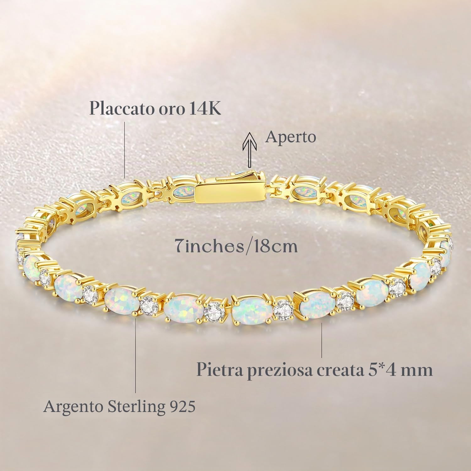 FANCIME Bracciale da tennis da donna placcato oro 14 carati, con pietra portafortuna, in argento Sterling 925, gioiello per donne e ragazze, lunghezza 19 cm