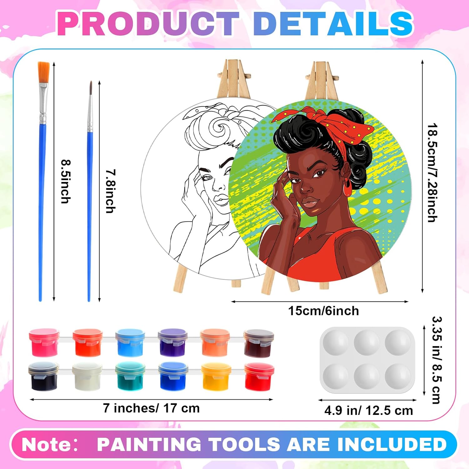 Supervitae 72 Piece Black Girls Round Pre Drawn Canvas Kit 5.9" Paint and Sip Kit for Adults Painting Party Pre Printed Canvas DIY with Pictures Paints Easels Brushes for Party Gifts