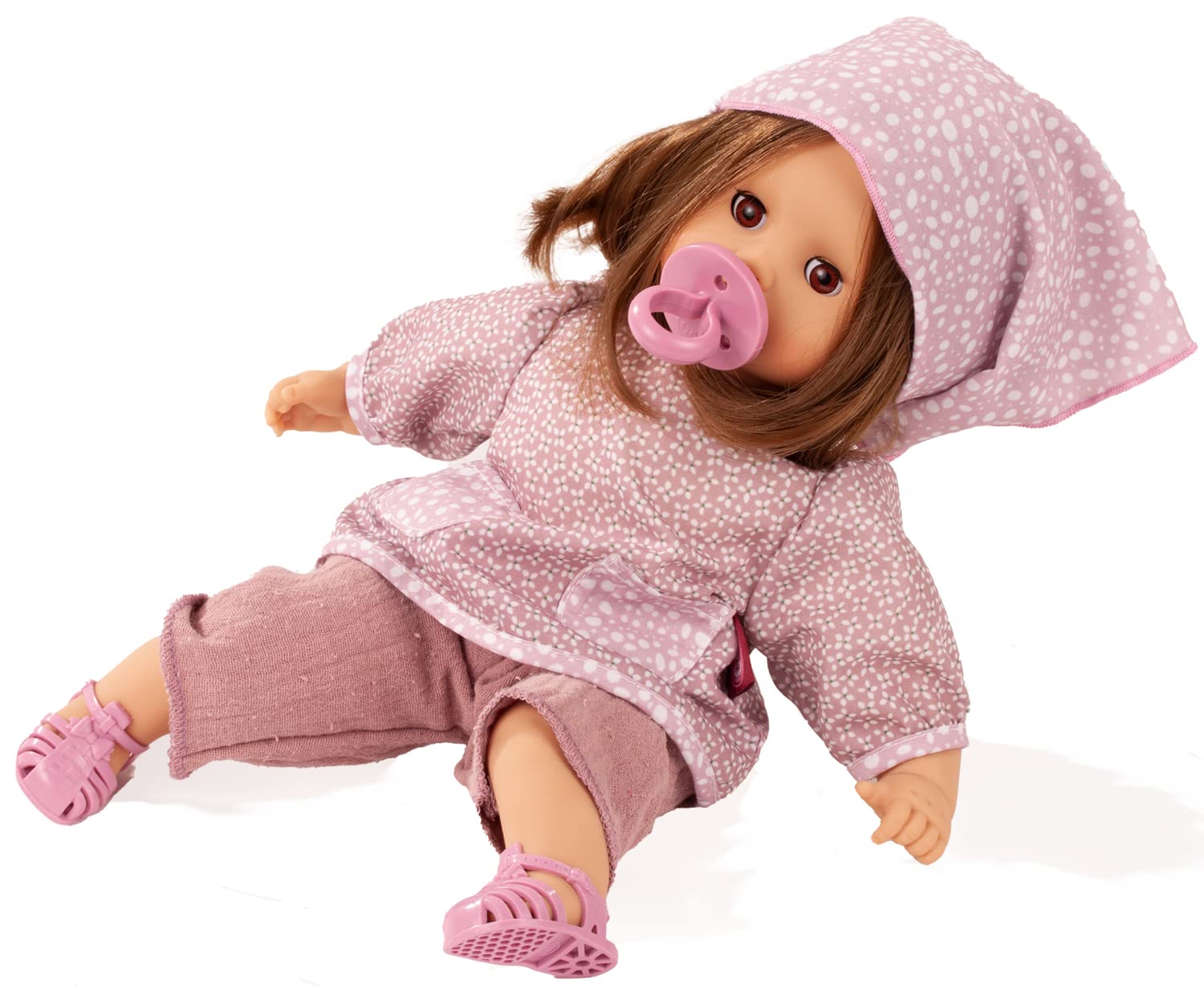 Götz 2220949 Muffin Soft Mood Puppe 33 cm Babypuppe braune Schlafaugen | 7-tlg, braune Haare, Weichkörper, für Kinder ab 3 Jahren, frisierbar, waschbares Haar, mit Schnuller und Kopftuch