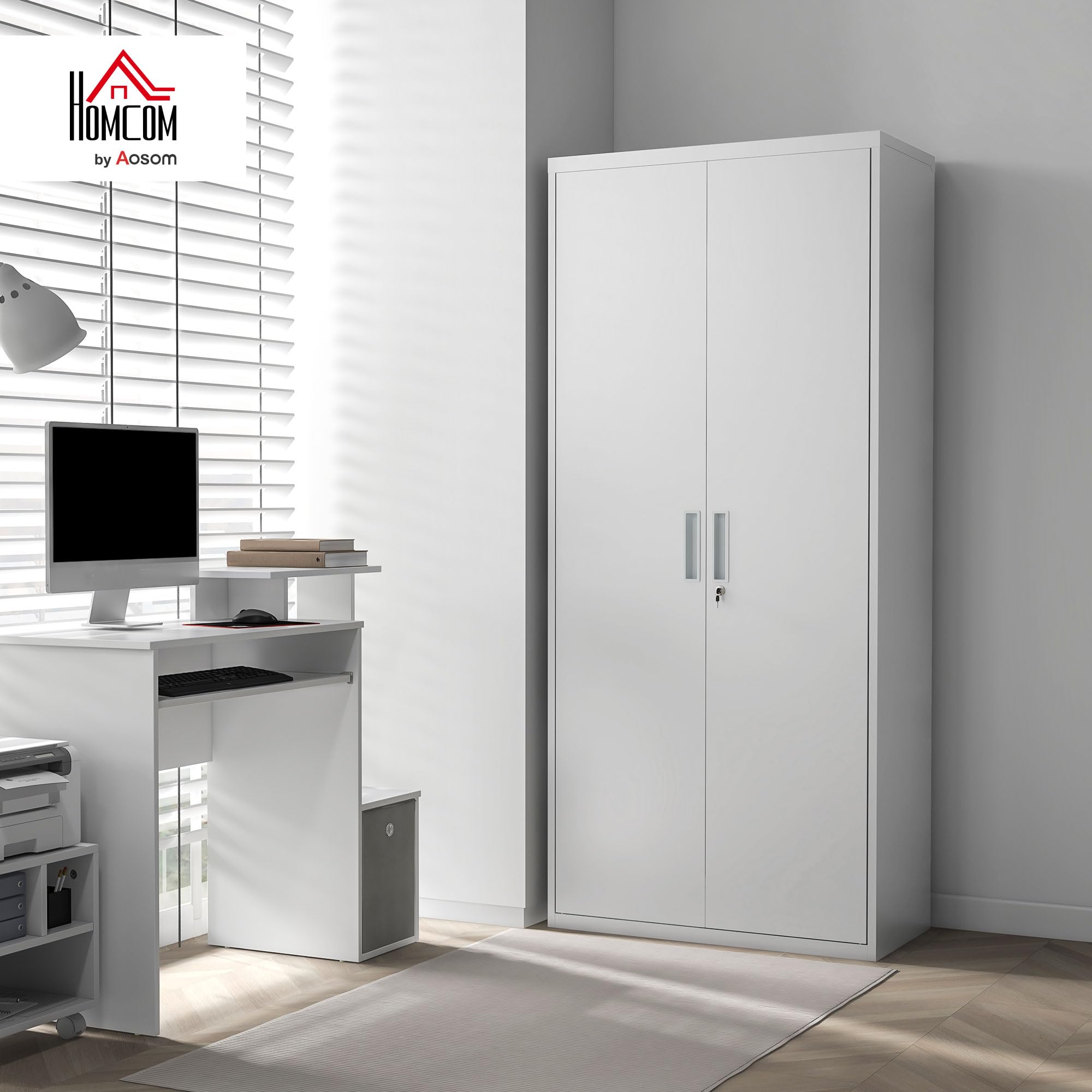HOMCOM Mueble Archivador de 5 Niveles con Estantes Regulables Cajonera de Oficina Archivador con Llave para Estudio Salón 80x40x180 cm Blanco