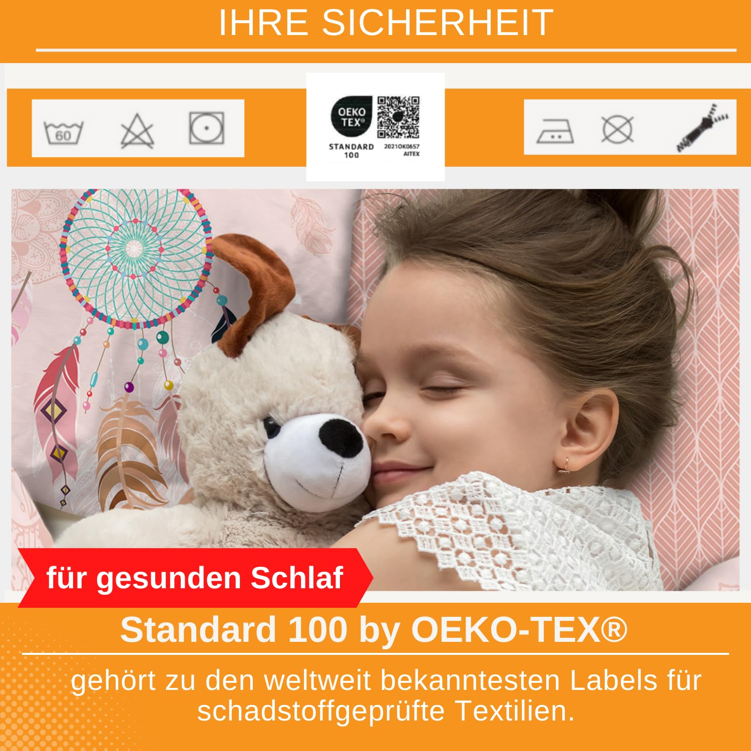 Aminata kids Bettwäsche 135x200 Traumfänger-Motiv Mädchen 100% Baumwolle Wende-Kinder-Bettwäsche-Set Dreamcatcher Federn YKK Reißverschluss rosa