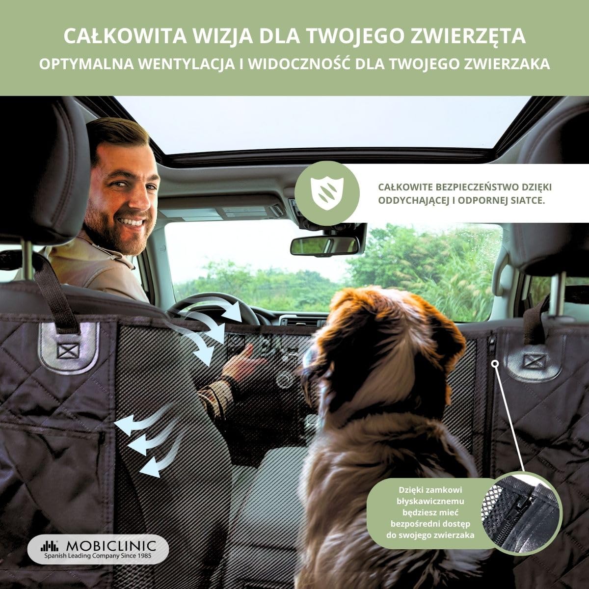 Mobiclinic® pets, Pokrowiec na fotel samochodowy dla psów, Sammy, Uniwersalny, Antypoślizgowy, Wodoodporny, Kieszeń boczna, Regulowane paski, Niskie składanie, Torba transportowa, Do bagażnika