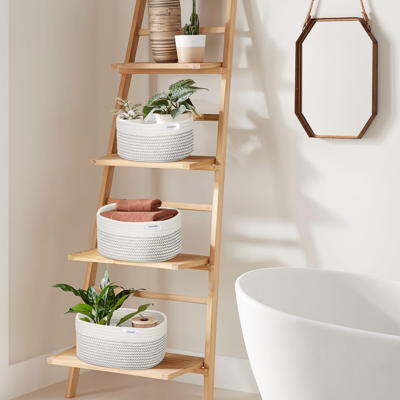 LA BONHEUR Cesto portaoggetti in corda di cotone intrecciato, 4 pezzi, per il bagno, fasciatoio, organizer per neonati,