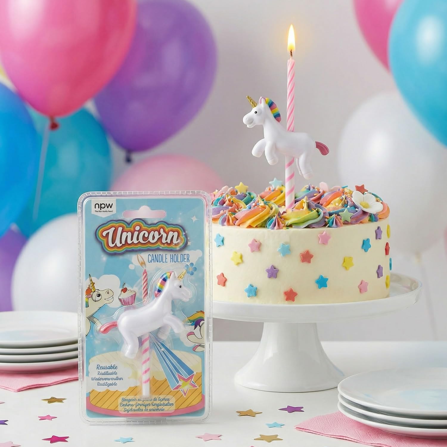 Inevitable Party Pink Unicorn Candle Holder, Reusable Birthday Cake Topper, Unicorn Themed Party Decoration
