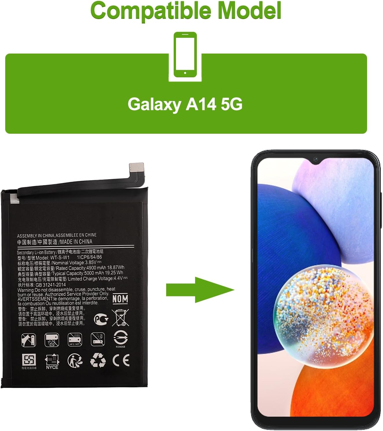 【New】 Replacement Battery WT-S-W1 SM-A146U SM-A146W SM-A146M Compatible with Samsung Galaxy A14 5G with Tools
