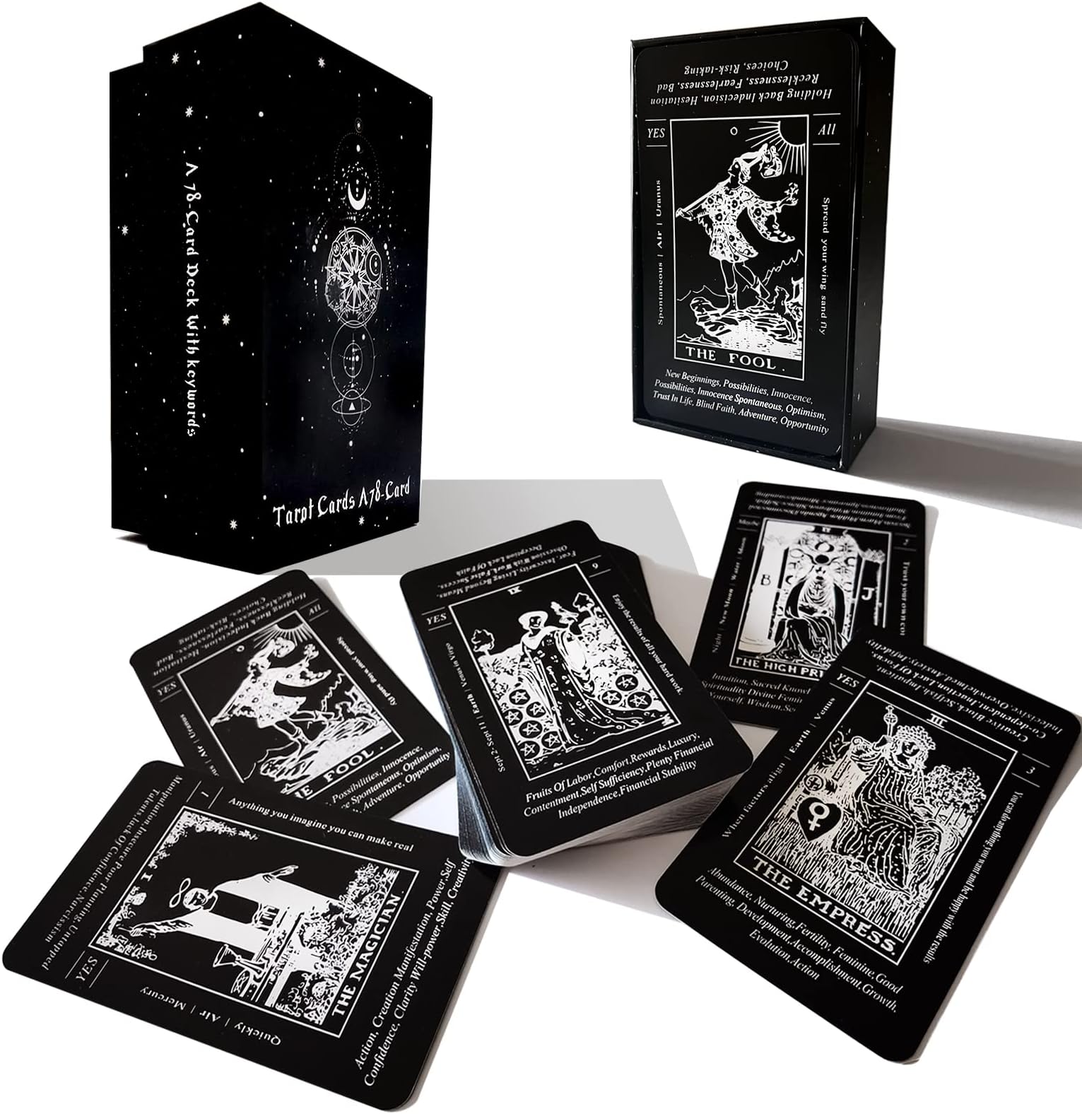 sishui Tarot Cards with Meanings On Them, Black Tarot Cards for Beginners, Learning Tarot Cards, Keyword Tarot Cards, Chakras, Planets, Reversals, and Numerology.