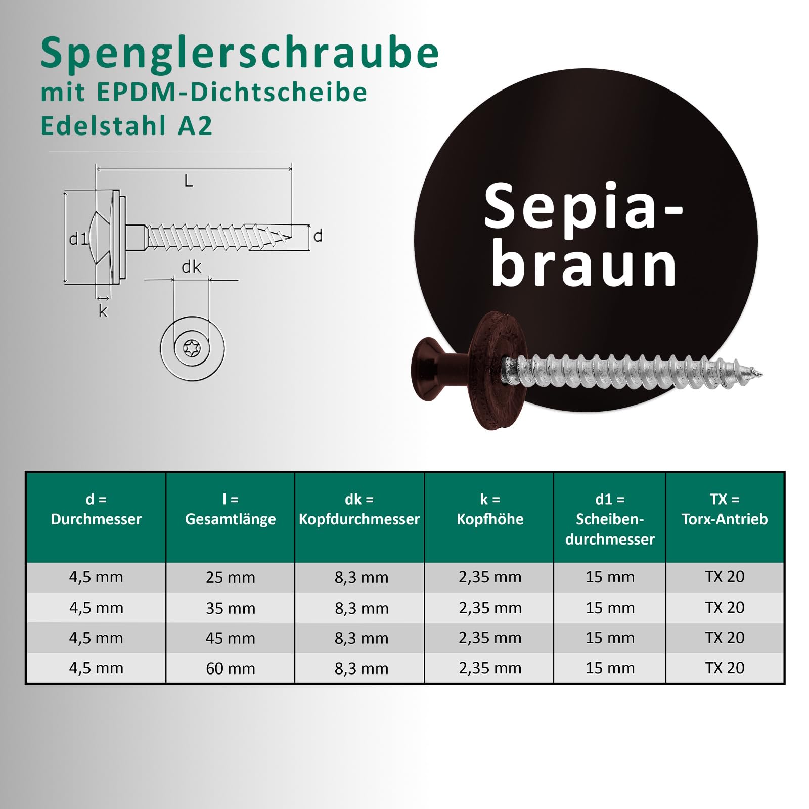 DSM | Zestaw 100 śrub szczelnych brąz sepii 4,5 x 25 mm | Stal szlachetna A2 – Lakier RAL 8014 | Z podkładką uszczelniającą EPDM (15 mm) | Napęd TX | Zgodne z normą DIN 7995 / DIN 9171 |