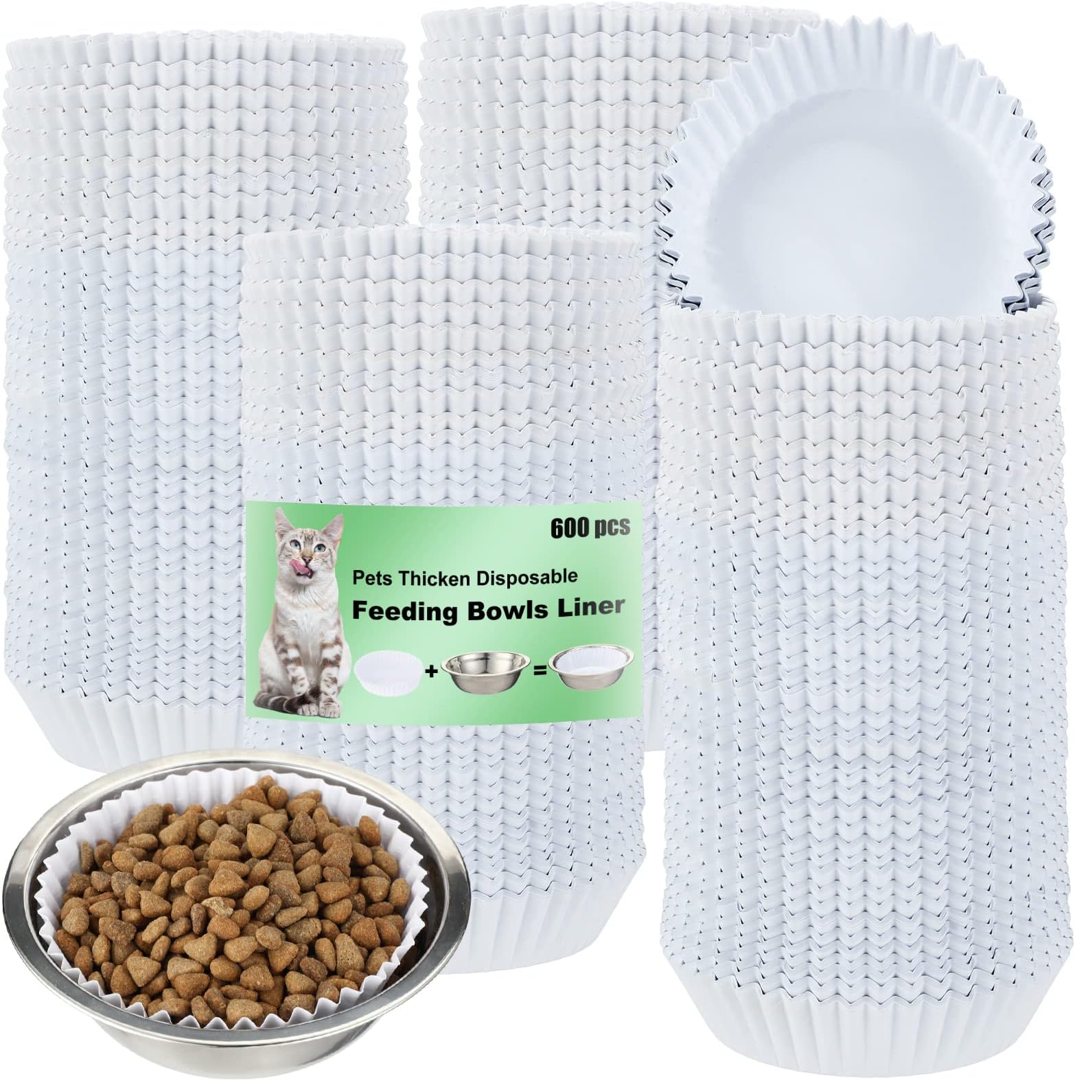 meekoo 600 Pcs Large Pet Disposable Feeding Bowls Liner Bulk Cat Food Bowls Small Paper Dish Paper Liner for Small Dogs Cats Dish Wet Food Feeding Station(White,Classic)