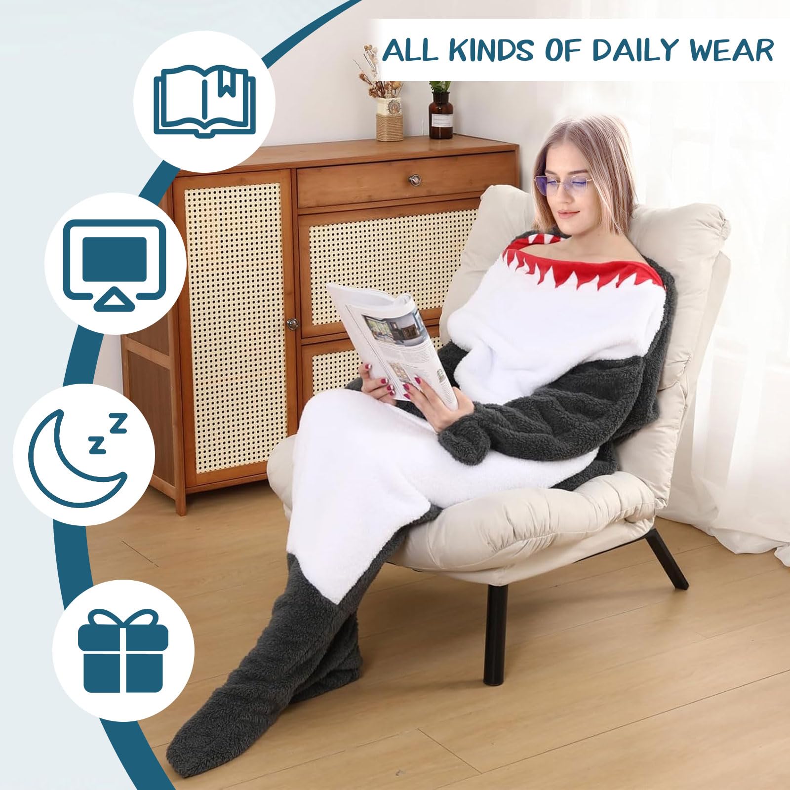 MeYuxg Coperta morbida in flanella, con cappuccio, per adulti e bambini, ideale come regalo per donne, Grigio scuro Squalo Sacco a pelo 170, 170 cm