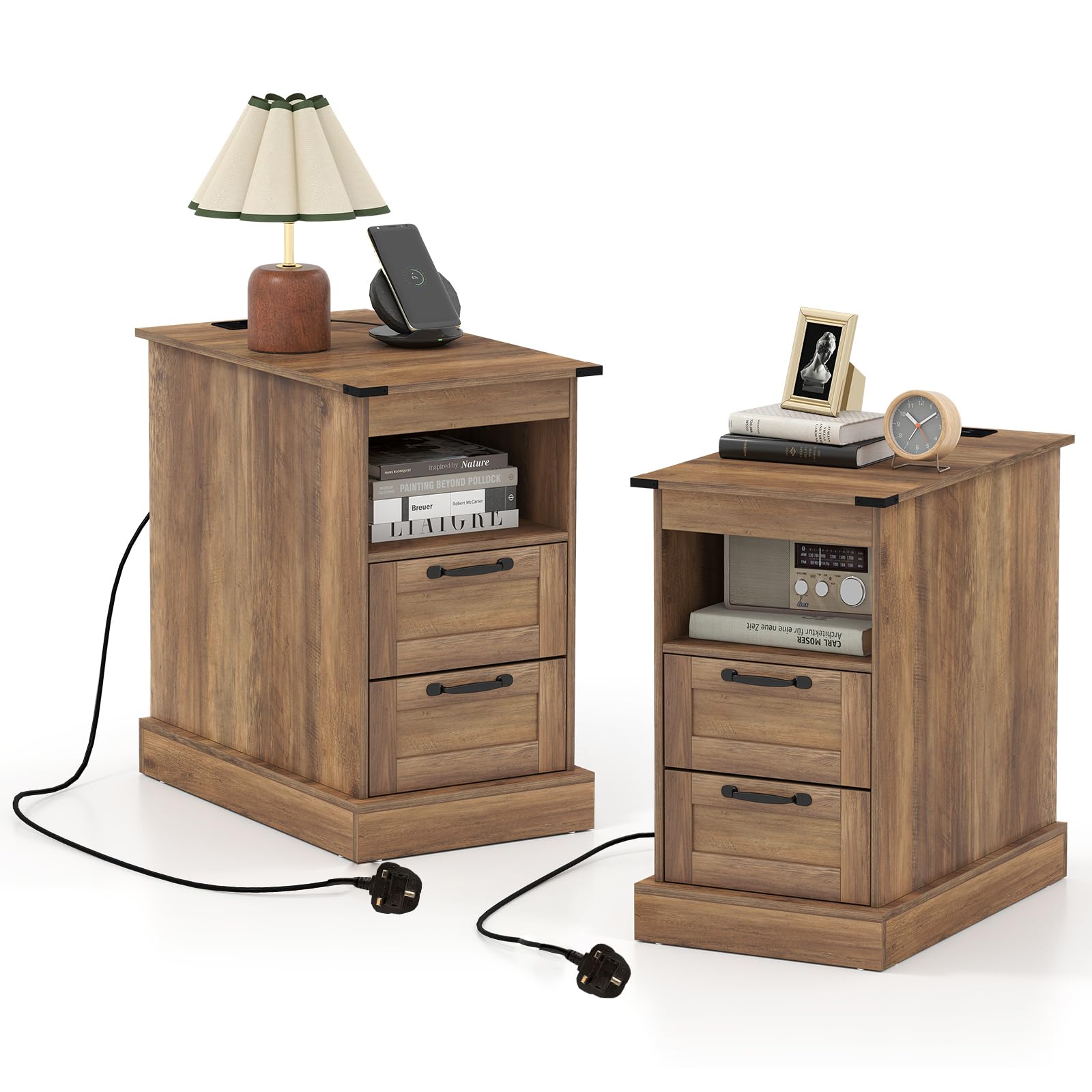 CASART Farmhouse Bedside Table with Charging Station (Rustic Brown,2)