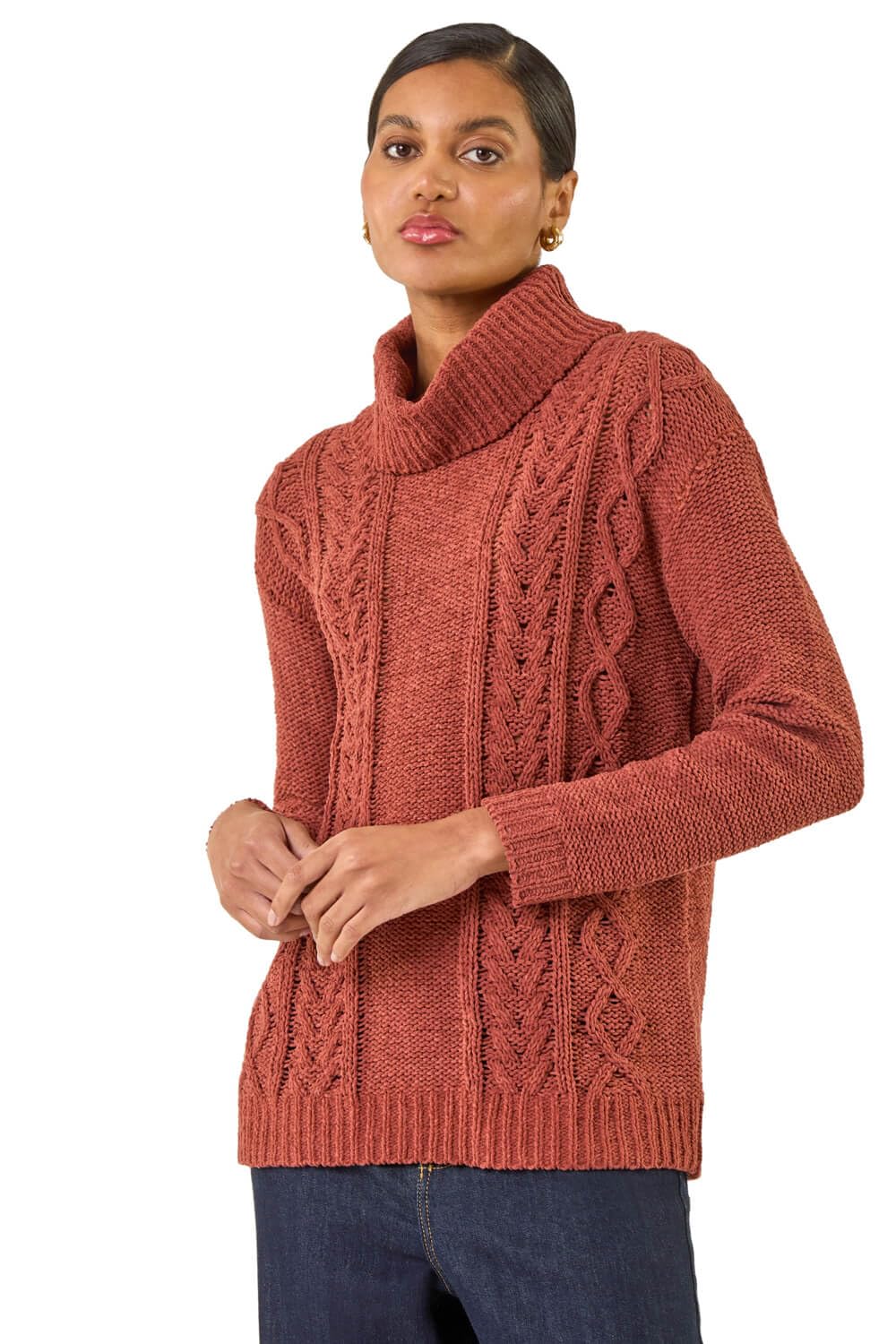 Roman Originals Women's Rust Chenille Roll Neck Knit Jumper For Uk - Everyday Autumn Winter Round Neckline Comfy Soft Evening Vacation Work Party Night Out - Size 14