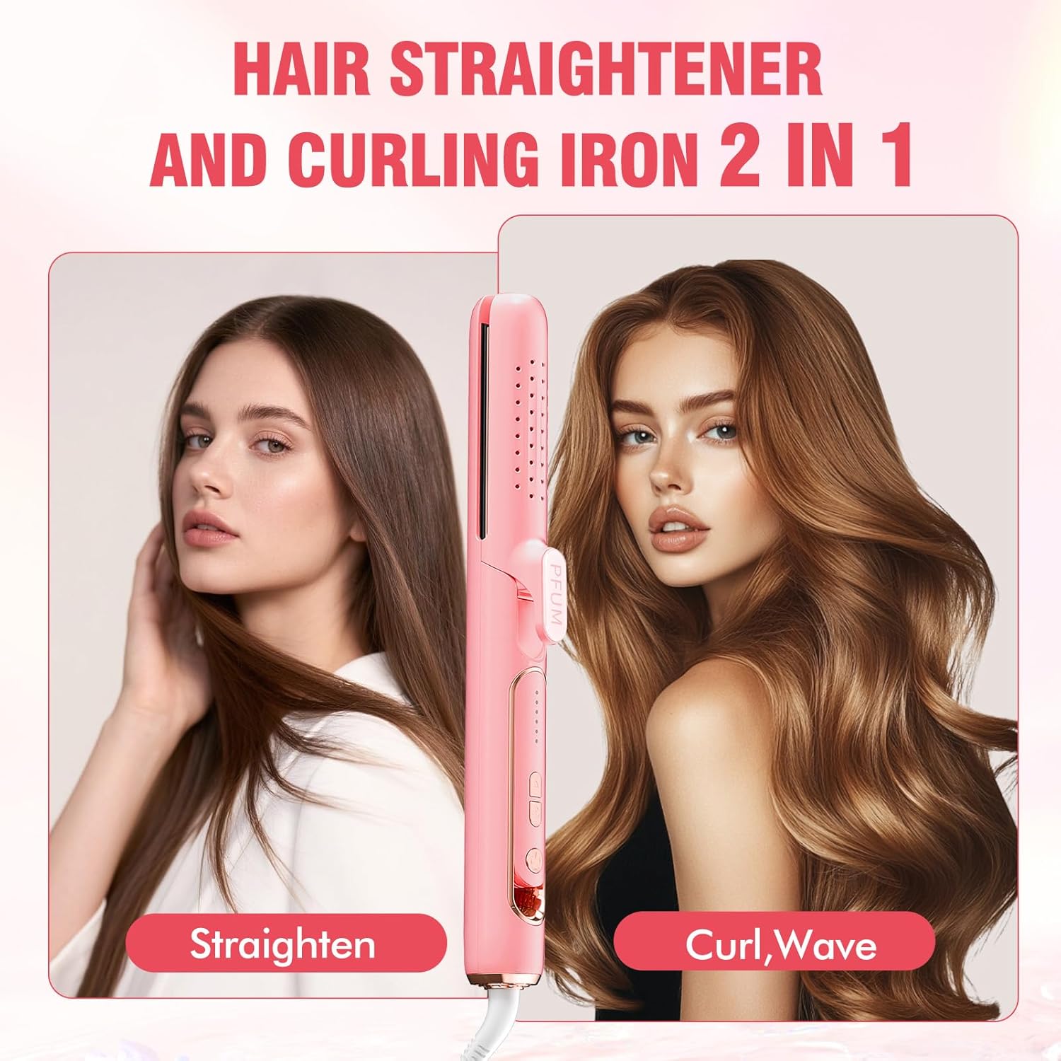 2 in 1 Hair Straightener and Curler, Dual Voltage & Adjustable Temps 360° Curling Wand - Titanium Flat Iron Hair Straightener for Long-Lasting Curls and Straightener, Airflow Styler Curling Iron - Image 2
