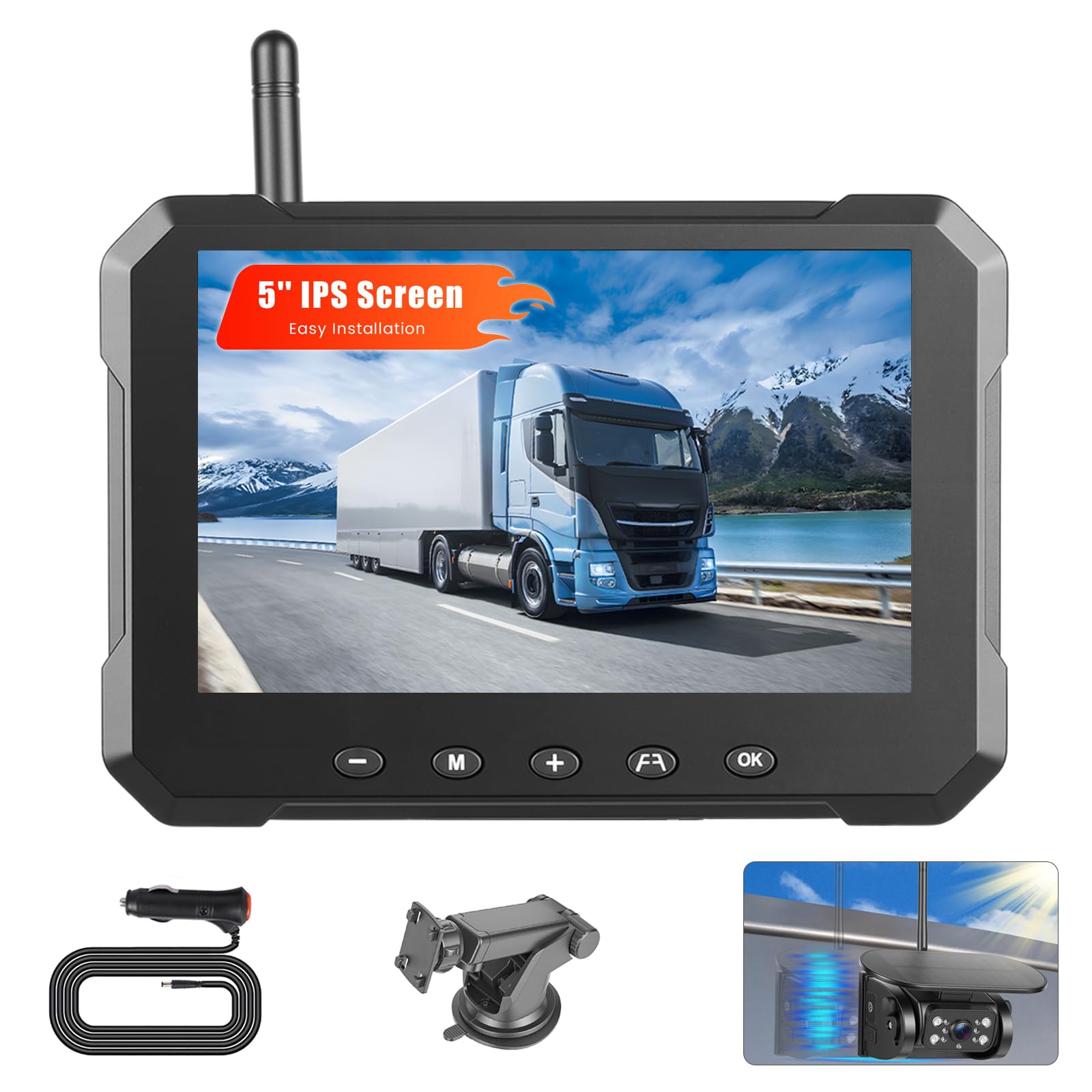Hikity Telecamera Retromarcia Wireless Solare Magnetica con Monitor 5'' IPS | IP69 Impermeabile Telecamera Visione Notturna 10000-mAh-Akku Telecamera Posteriore Auto per Camion Camper