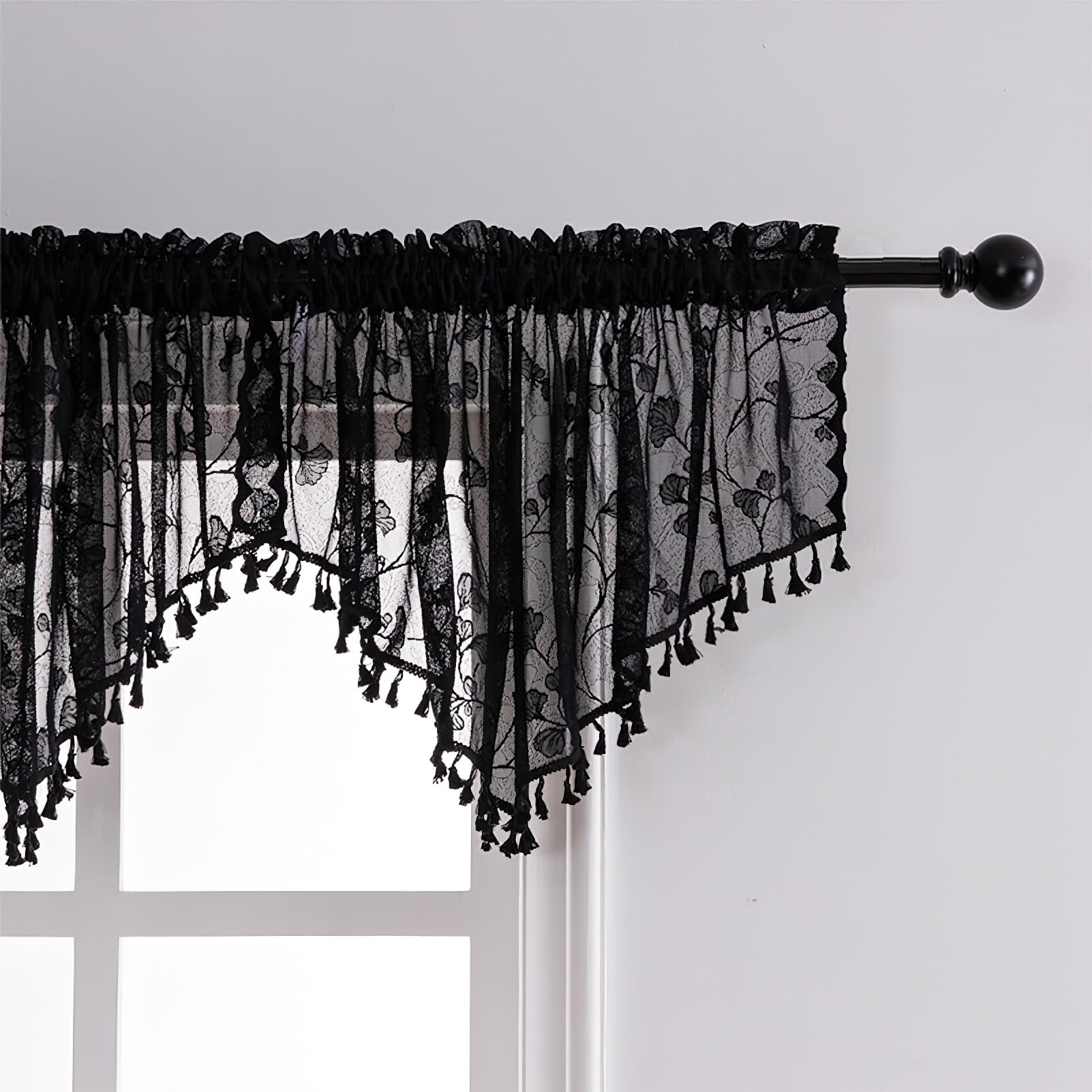 Lot de 3 cantonnières transparentes noires pour fenêtres, petits rideaux décoratifs en dentelle, pour cuisine, salon, motif feuilles