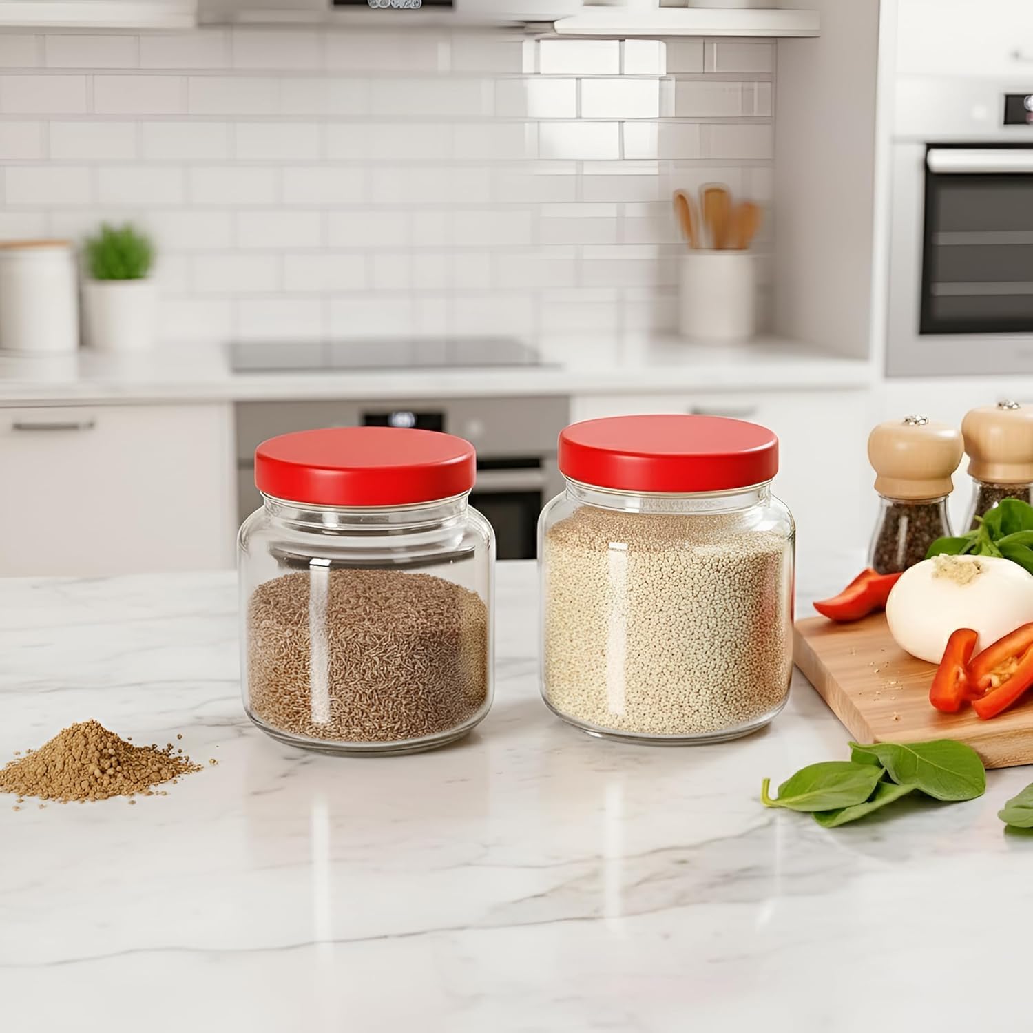 Croco - Recipiente de cocina de vidrio redondo hermético con tapa roja de plástico de 500 ml, perfecto para frutas secas, galletas, galletas y dulces, especias, bolitas, encurtidos (4)