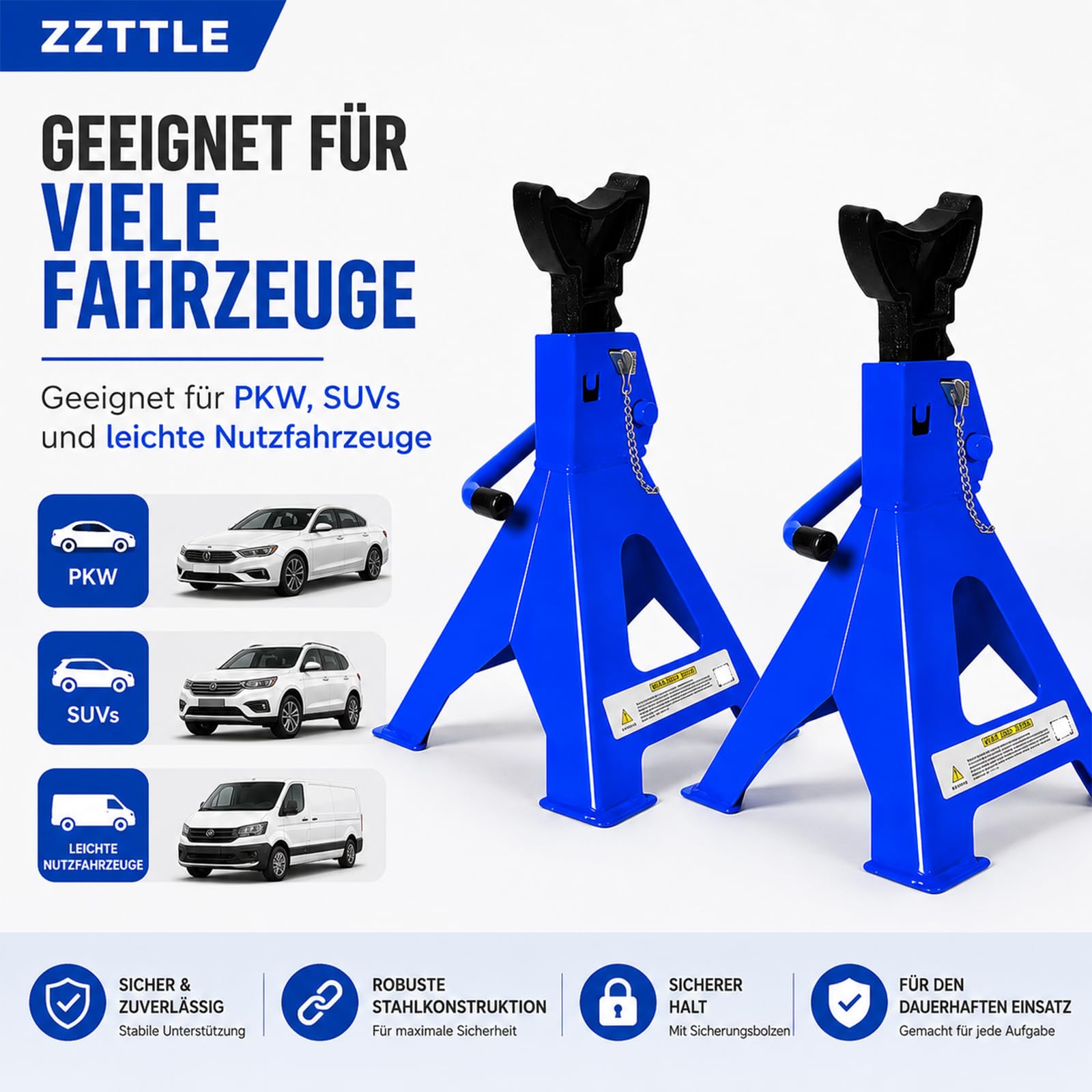 Lot de 2 chandelles avec goupille de sécurité et cric de voiture, capacité de charge de 3 tonnes, en fonte, béquilles de support pour voiture, 9 niveaux de hauteur, réglables en hauteur
