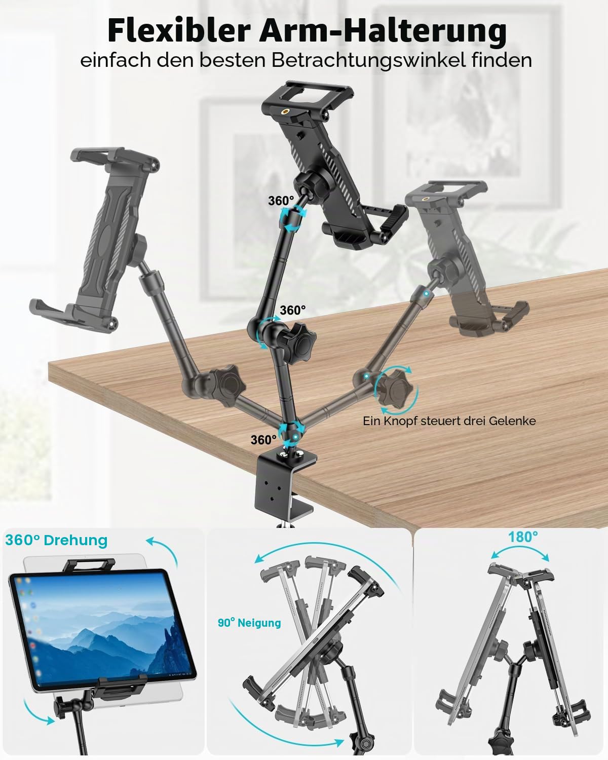 Tragbarer Monitorständer 15,6 Zoll, Magic Arm Schreibtisch Tablet Halter, [Verstellbarer Metallarm] Tisch Monitor Klammer für 15,6 Tragbarer Bildschirm, iPad Pro Air Mini,Tab, 6,1-15,6" Gerät