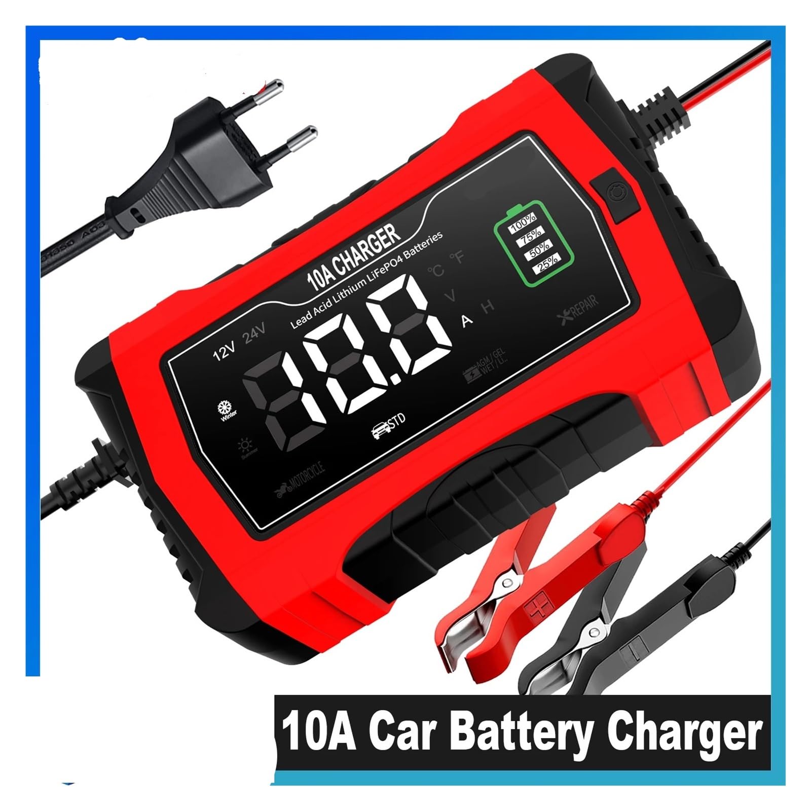 Cargador De Batería De Coche De Reparación Inteligente Universal De 12V 24V 10A, Cargador De Reparación For Batería De Plomo Ácido AGM GEL LiFePO4(10A UK Plug)