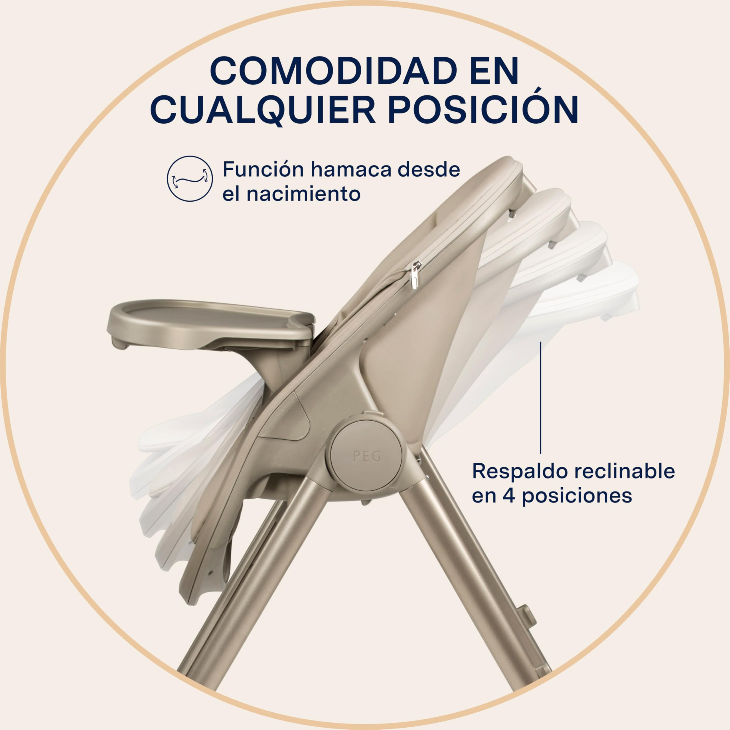 PEG Living Trona desde el Nacimiento, Diseño Contemporáneo, Función Hamaca, Altura Regulable, Bandeja Doble, 4 Ruedas 360°, Cierre Compacto, 0–3 Años (0–15 kg), Space Sand