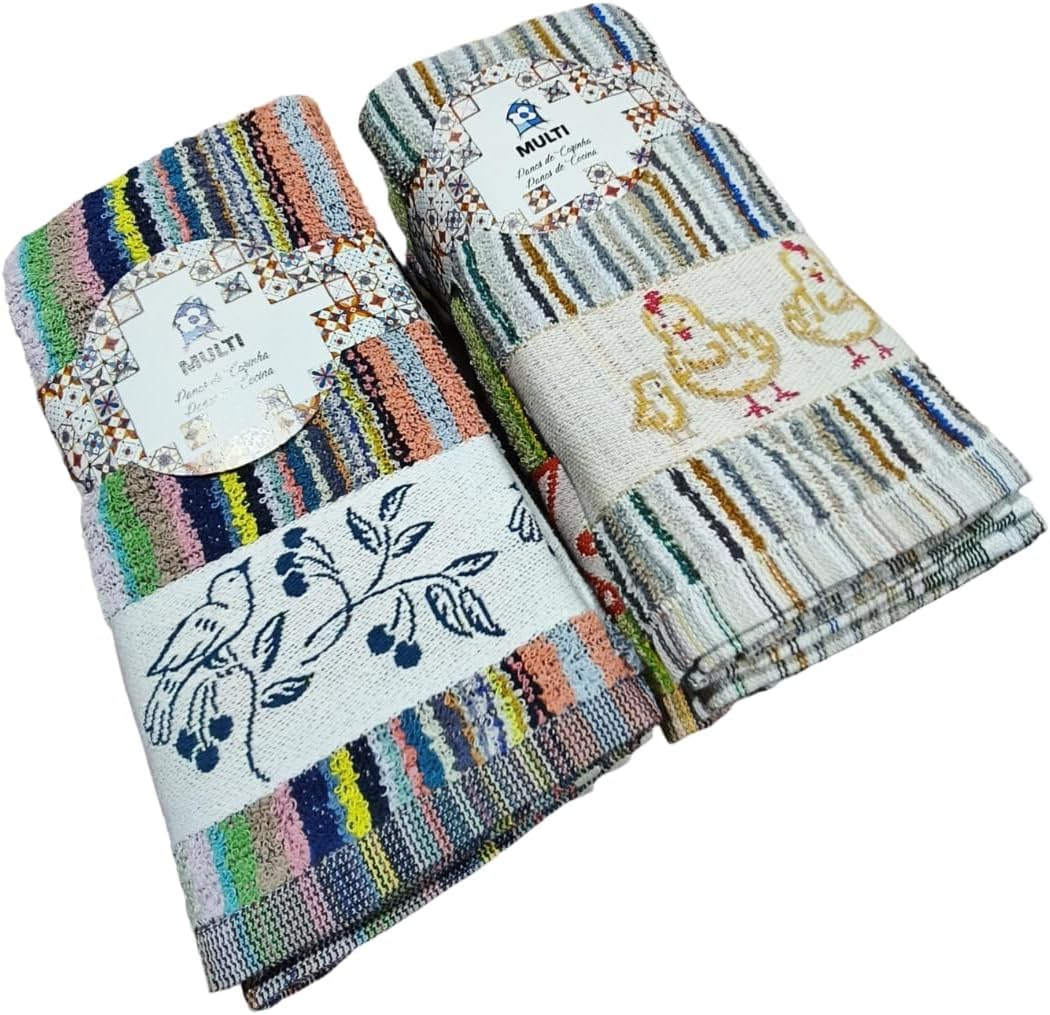 ZD Paños de Cocina RIZO 100% Algodón Multicolor Rayas Con Dibujo Bordado Pack 12 Toallas de Cocina