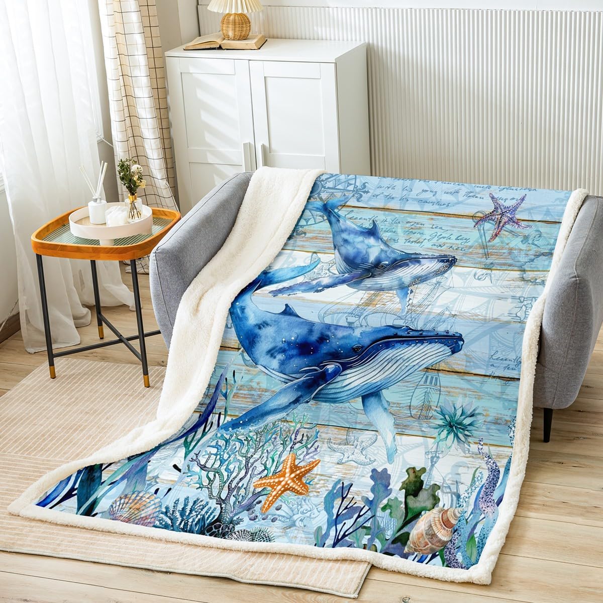 Feelyou Cute Whales Fleece Throw Blanket Queen 90"x90" Summer Ocean Marine Animals Underwater World Sherpa Blanket Plush Fuzzy for Bed Sofa Couch Chair Living Room