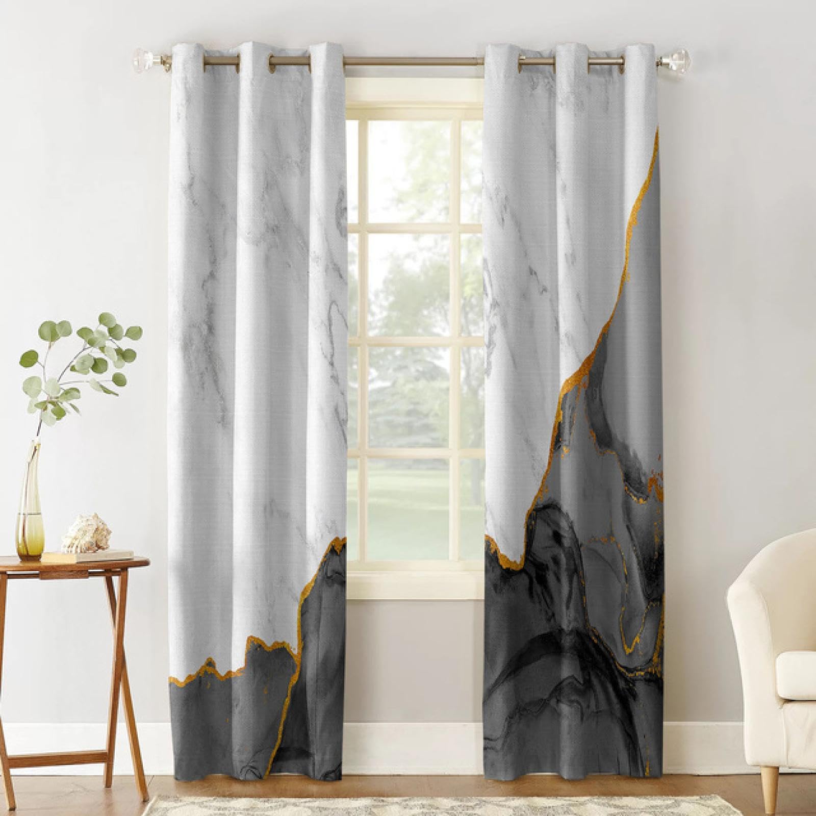 Asunygirl Bedroom Curtains 84 Inch Length 2 Panels Set White Marble Black Gray Curtains for Living Room Kids Bedroom Windows Curtain 2X(59" Wx100 L)/150x253cm Blackout Curtains