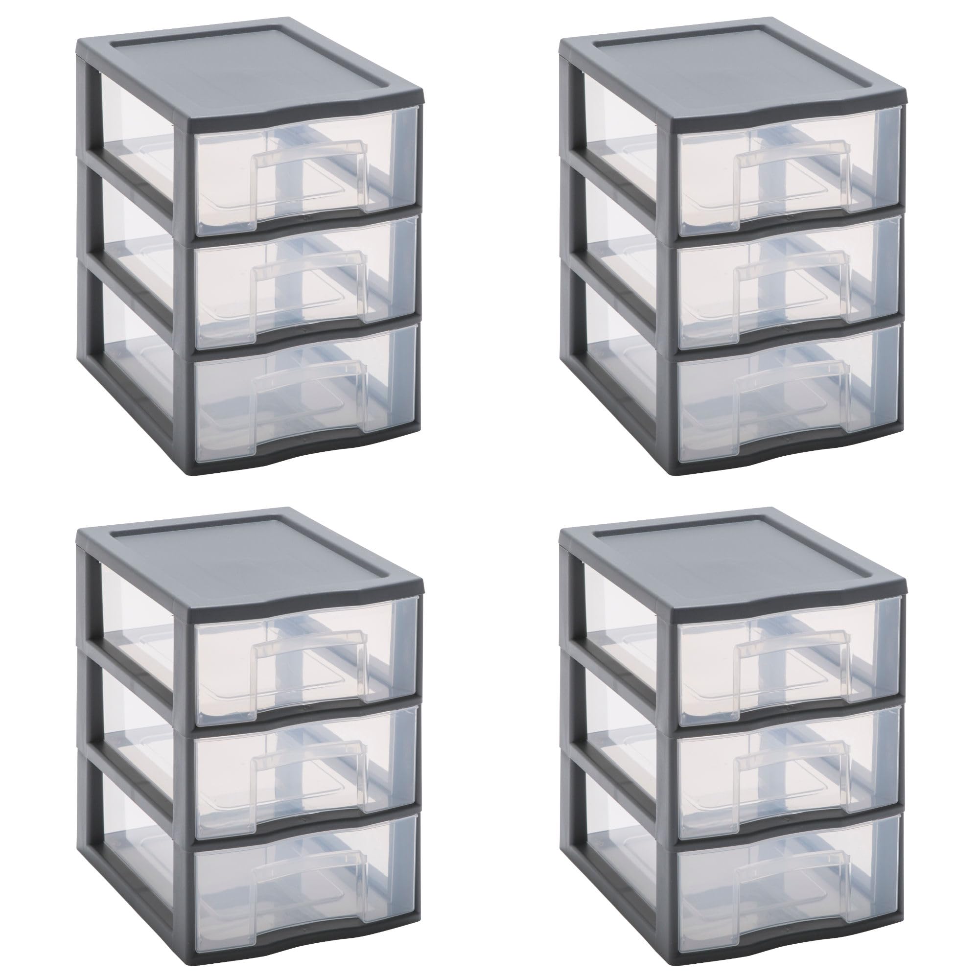 SUNDIS Tag Tower, lot de 4 tours de rangement en plastique gris, 3 tiroirs transparents format A5, hauteur 25,5 cm, superposable, idéale rangement cosmétiques, bijoux, accessoires, fournitures