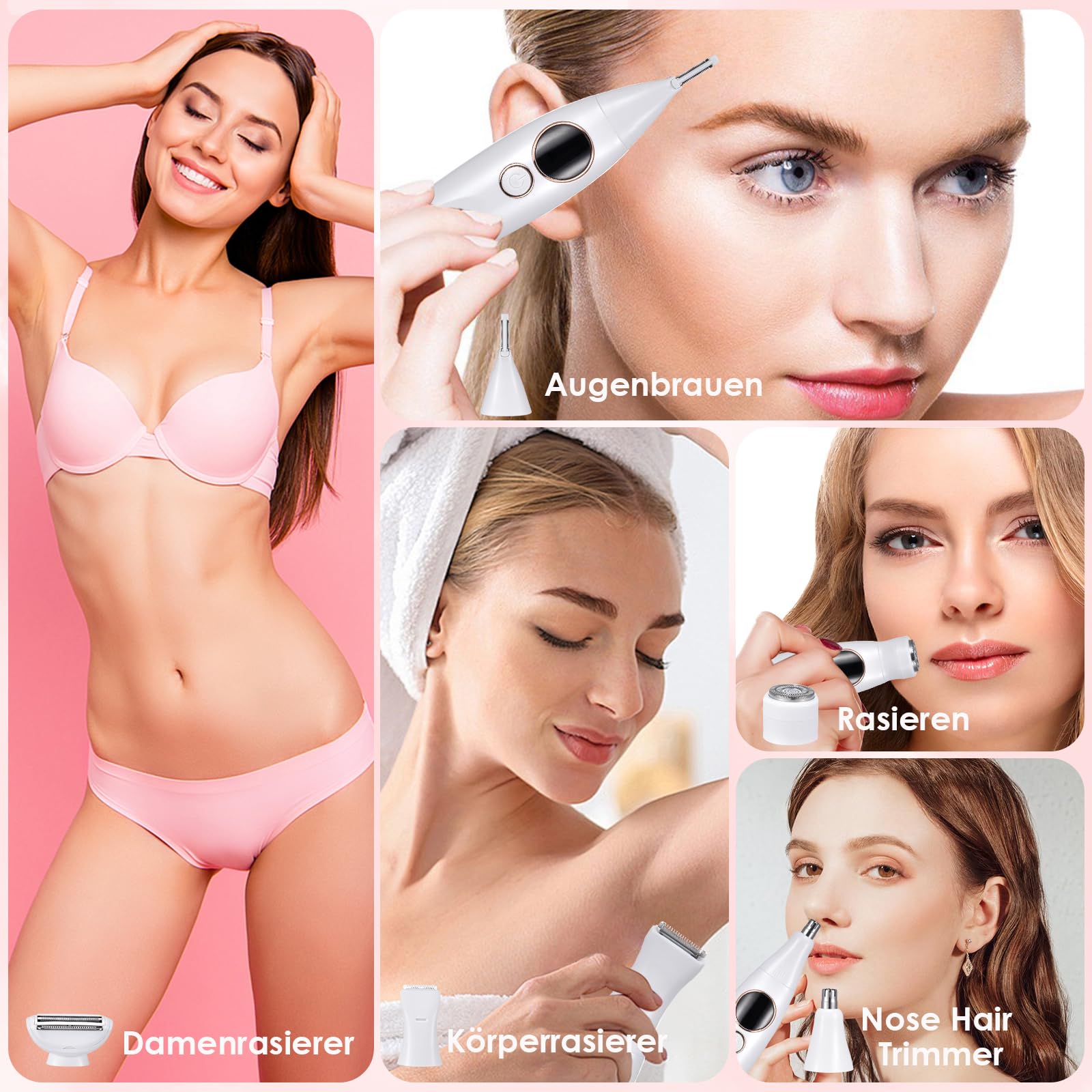 Afeitadora Mujer, 5 in 1 Rasuradora Mujer Zona Intima USB Recargable Profesional Afeitadora Mujer Zona Intima Uso en Seco y en Mojad, IPX7 Impermeable Indoloro Maquina Depilar Mujer