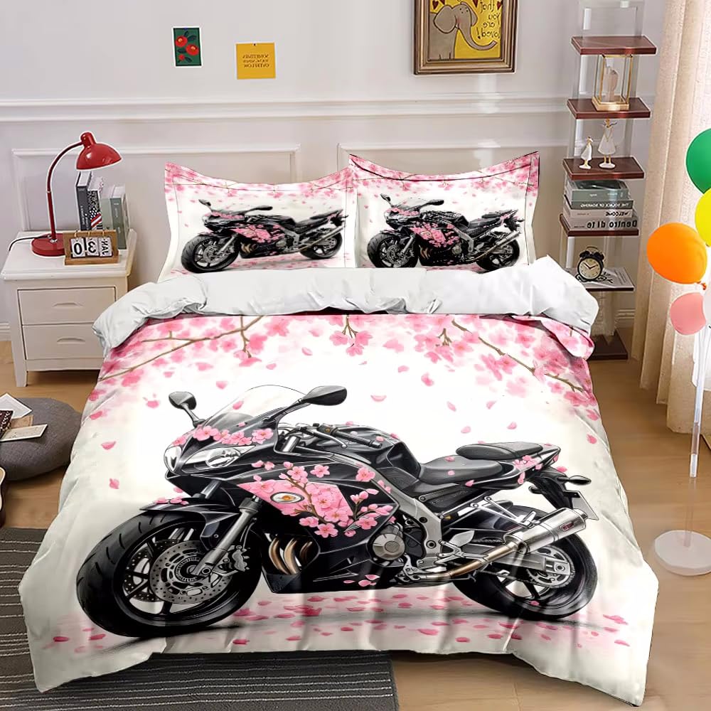 Super King Size Sakura poszewka na kołdrę motocyklową z zapięciem na zamek błyskawiczny pościel dla dzieci miękka oddychająca poszewka z mikrofibry 260 x 220 cm + 2 poszewki na poduszki 50 x