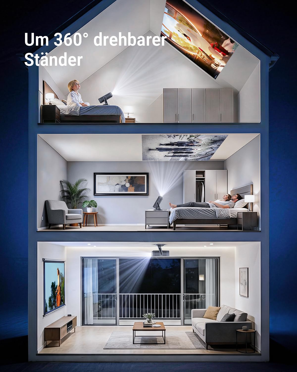 Smart Beamer【Google TV, Auto-Objektivabdeckung, 2500ANSI】 Beamer 4K Heimkino mit Autofokus & 6D Trapezkorrektur, Full HD 1080P, WiFi6, 360° Drehbarer Tragbarer Projektor mit APP für Outdoor/Handy