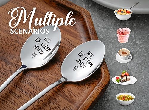 Miniatura 7 de Cucharas de helado grabadas, regalos para pareja, 2 cucharas de café de acero inoxidable, cuchara de helado para él y ella