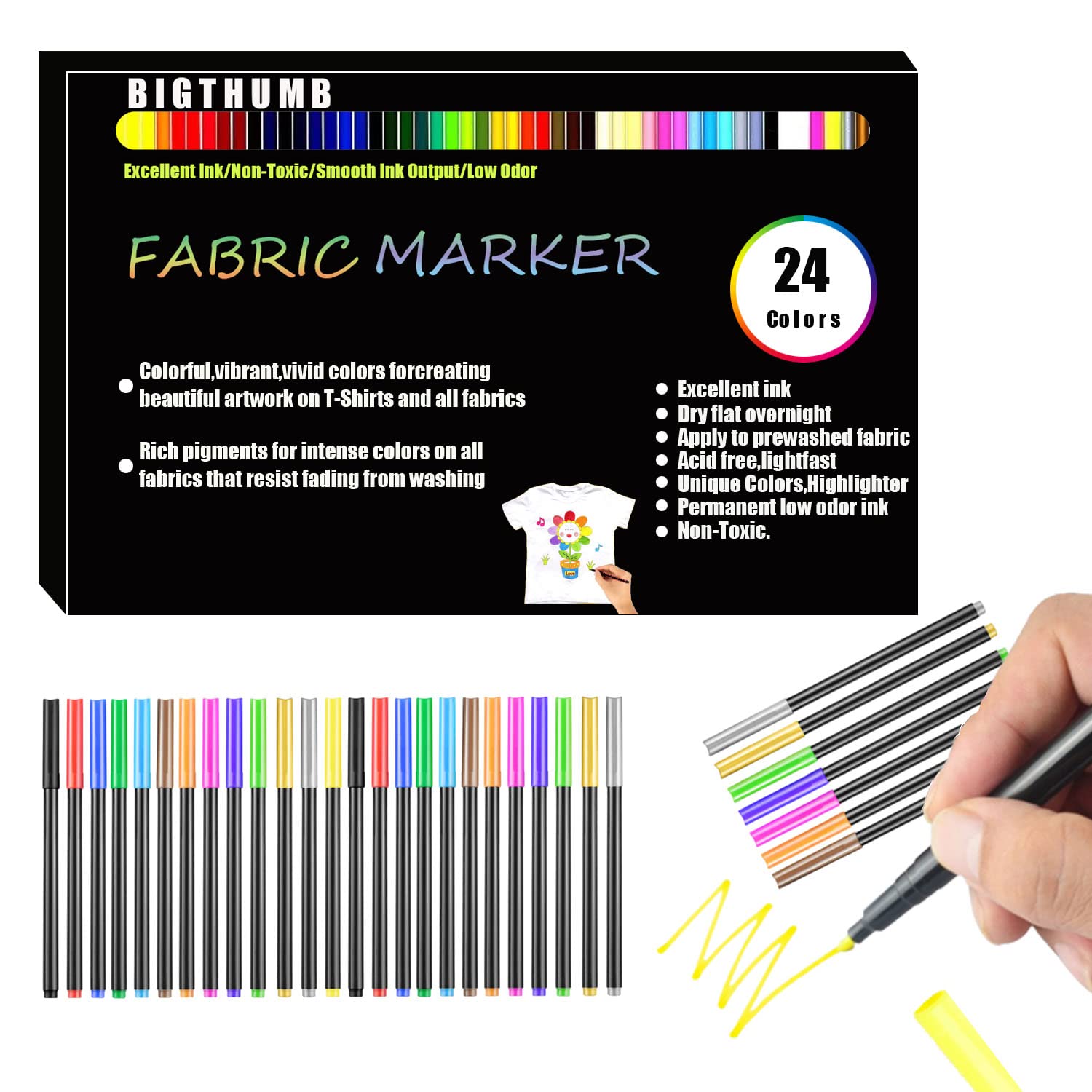 Goomp 24 Fabric Pens Permanent for Clothes White T Shirt Design Kit Canvas Tote Bag Pillowcases Plain Cotton Bags Shoes