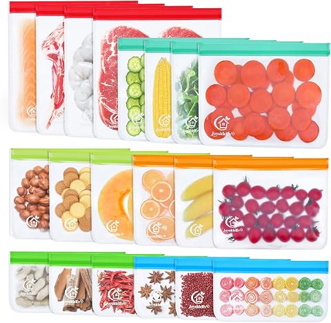 Joyoldelf Bolsas de Alimentos Reutilizables, Bolsas de Almacenamiento de Alimentación, Bolsas de Silicona PEVA Reutilizables, Reutilizables Food Ziplock Bolsas…