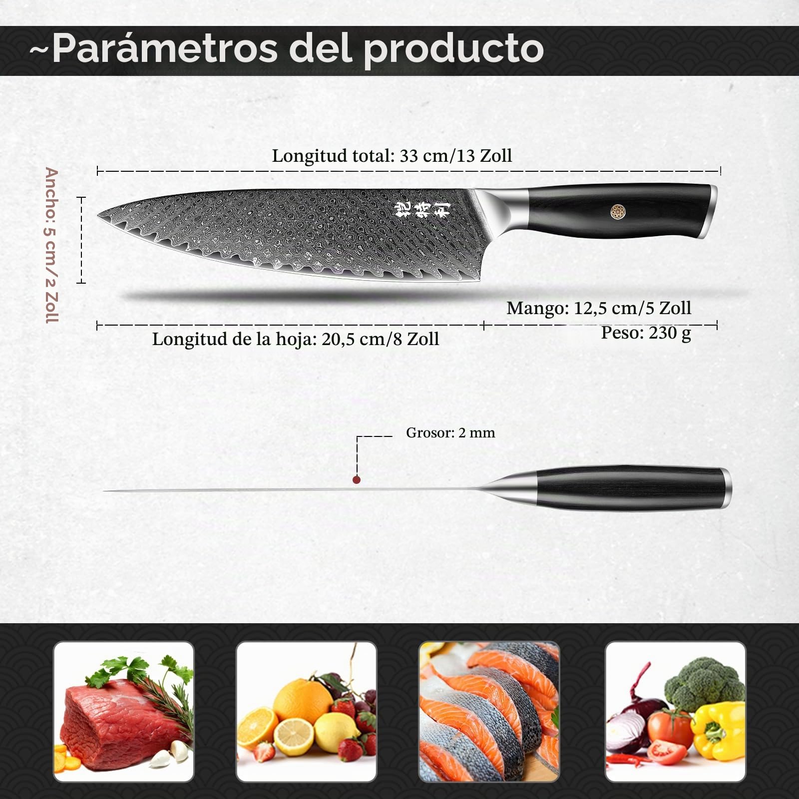 Kitory Cuchillo de Chef Damasco 20cm, Cuchillo Cocina de Acero Damasco de 73 capas, Cuchillo de Cocinero Ultra Afilado con Mango Ergonómico de Madera de Pakka - Serie Pro Damasco