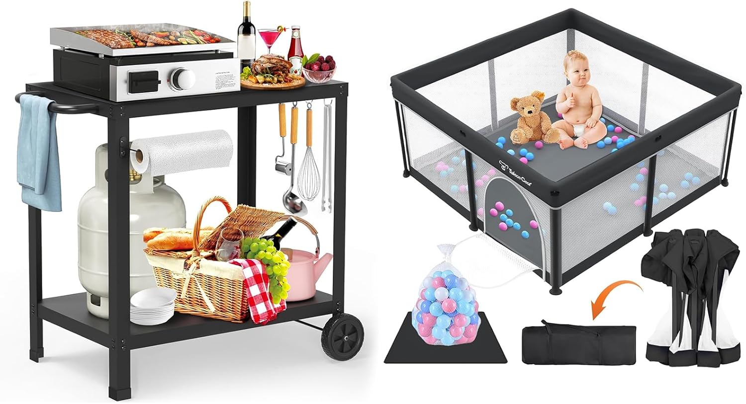 32x20IN Double-Shelves Grill Table and Foldable Baby Play Pen with Mat