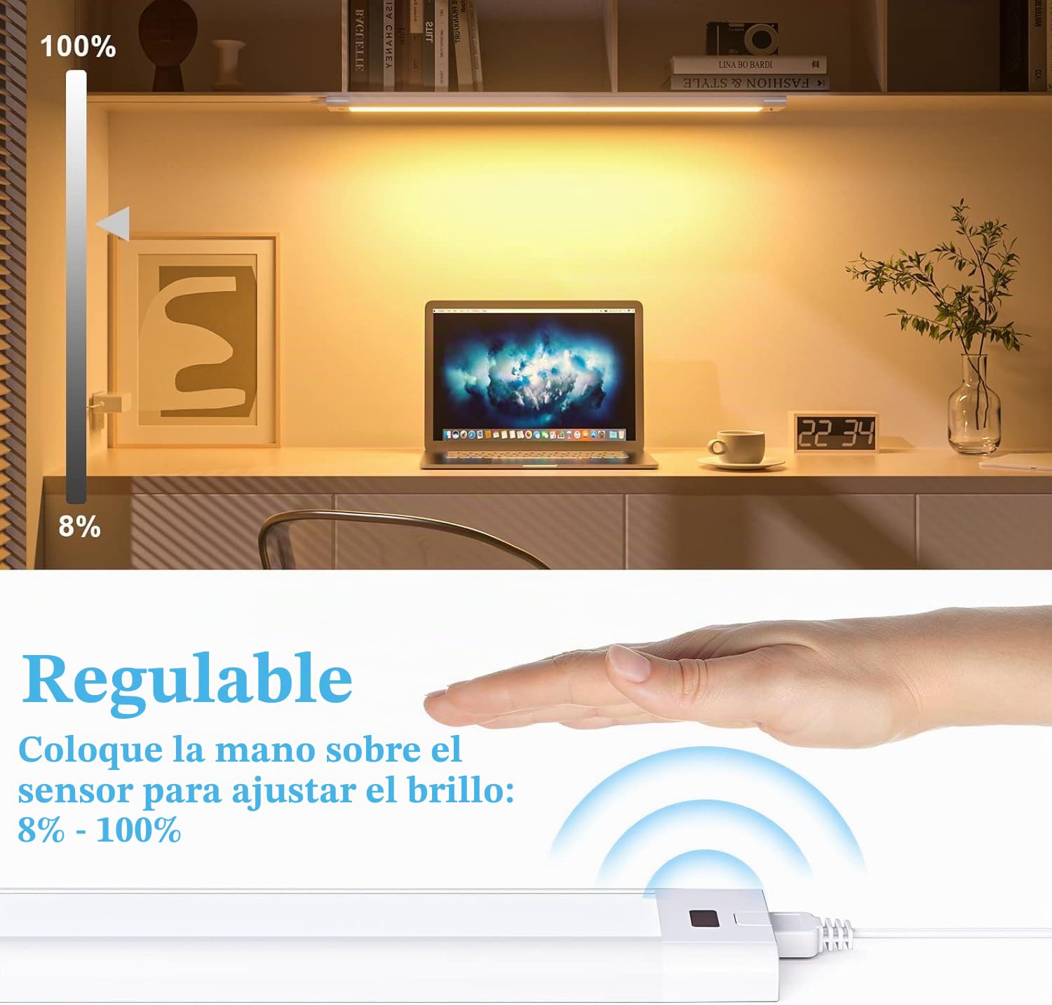 WOBANE 42 cm Luz Bajo Mueble Cocina Enchufable con Sensor Sin Contacto | Regulable, 5 Temperaturas de Color, para Interior, Armarios, Estantería, Escritorio, Encimera cocina, Lavanderías, 24V