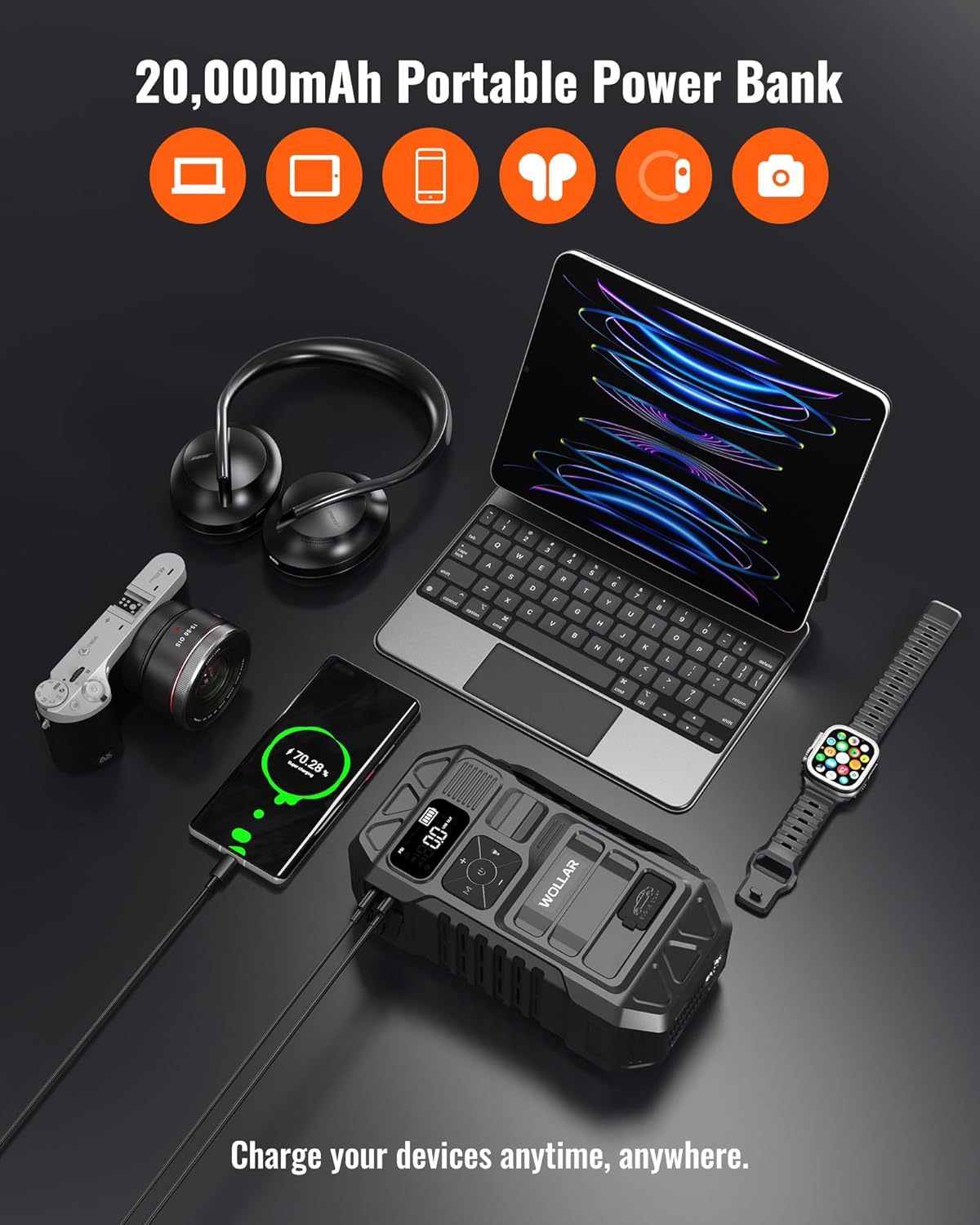 3000A Jump Starter with 160PSI Air Compressor - Car Battery Jumper Starter, 74Wh Portable Tire Inflator, 12V Jump Box, 20000mAh Powerbank, Dual Flashlight for 8.0L Gas & 7.0L Diesel Engines