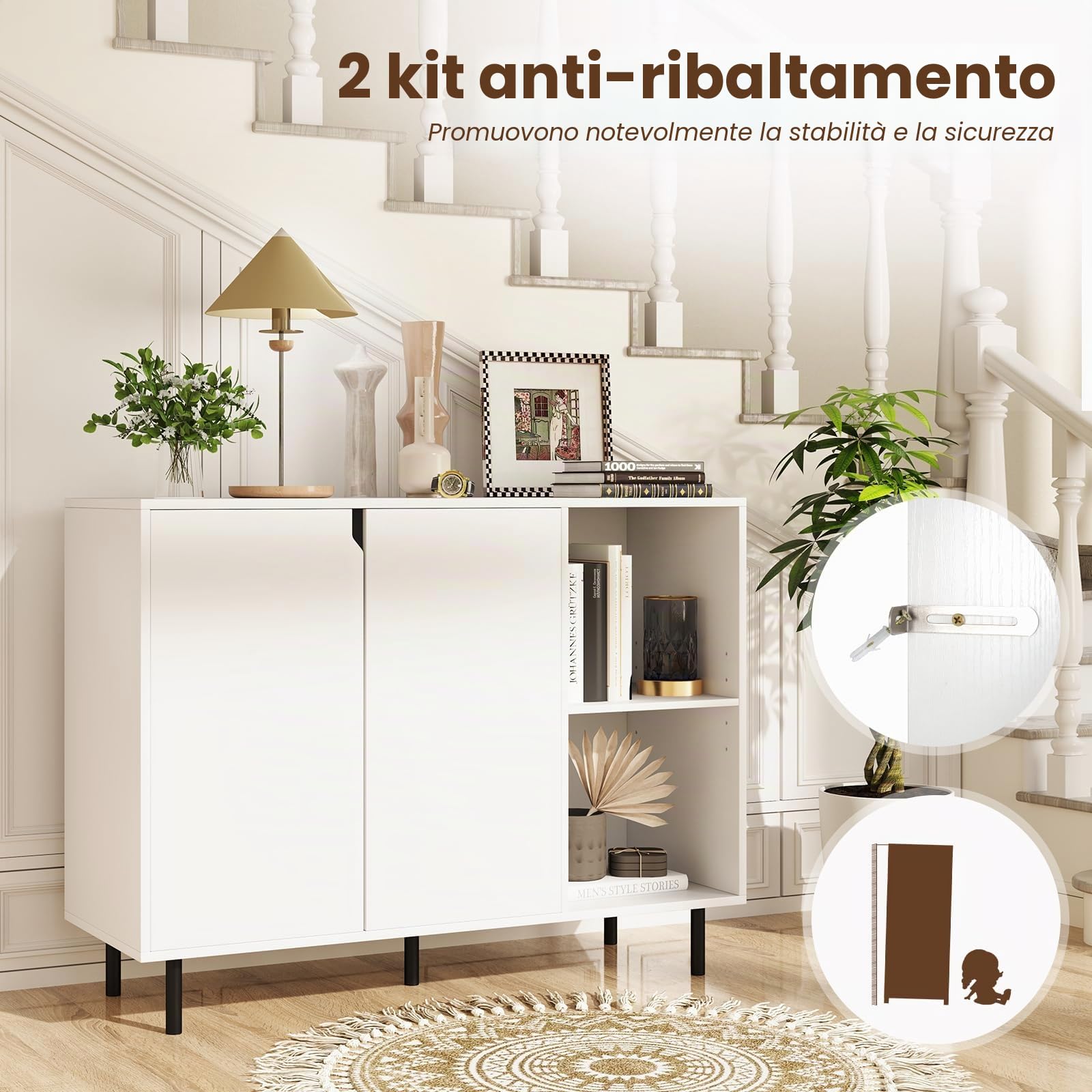 KOMFOTTEU Credenza Cucina Bianca, Armadio Dispensa con Ante, Ripiano Regolabile in 5 Livelli e Dispositivo Anti-Ribaltamento, Mobile Buffet per Soggiorno e Corridoio, 106x38x80cm (L x P x A) (Bianco)