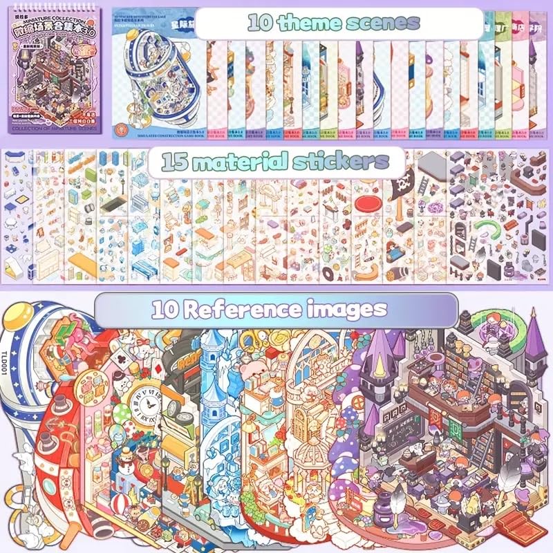 10 Sets 3D Sticker Scene with Material Book, DIY 3D Sticker Scene 3rd Gen, Rich Collection of 3D Space DIY Scene Stickers Book, Cute Cartoon Stickers (Purple)