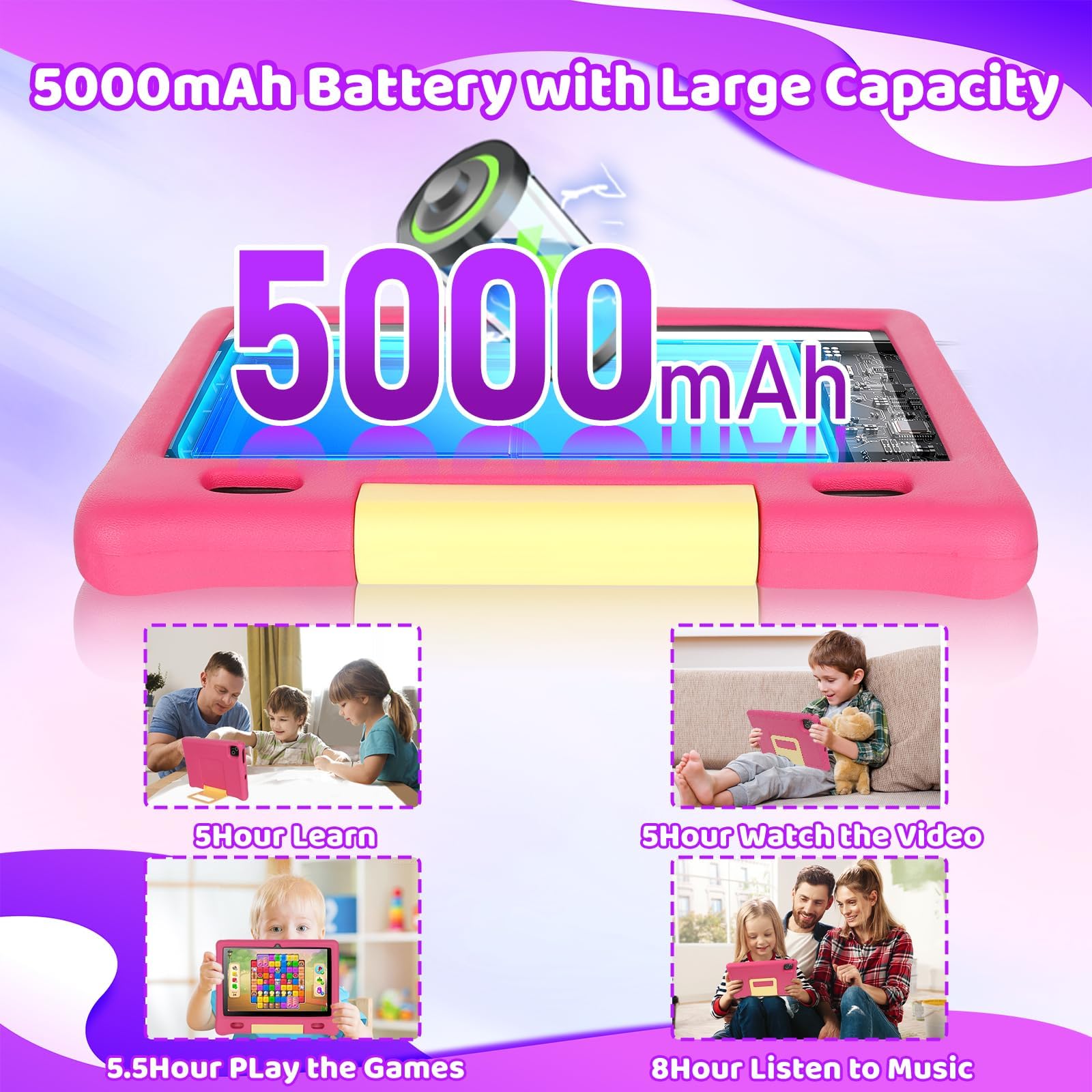 Ainmel 10 inch Kids Tablet with Case, Android 15 Tablet for Kids Ages 3-12 Years, 20GB+128GB(1TB TF Expand), Octa-Core Processor, Parental Controls, WiFi 6, BT5.3,Preloaded Edu Apps (Pink) — view 5