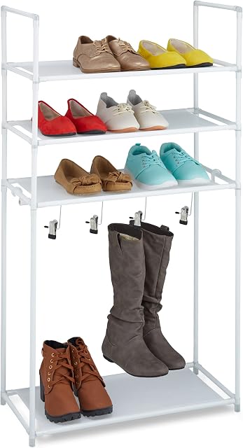 Relaxdays Rack 4 Levels, 13 Pairs of Shoes, 4 Boot Hooks, Plug-in System, Metal & Fabric, Hallway Storage, White, 60% Steel Fleece 20% Plastic, 119 x 60 x 30 cm