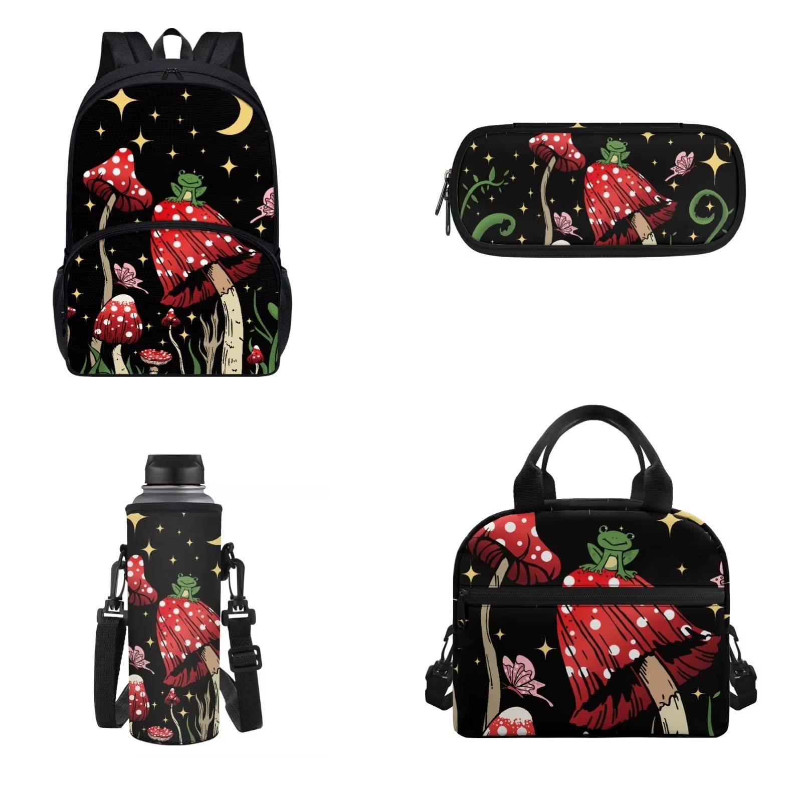 FUIBENG 4 PCS Cute Frog Mushroom Backpack Girls Moon Stars Mushroom Schoolbag With Insulated Lunch Bag Crossbody Water Holder Case Pencil Box,Child