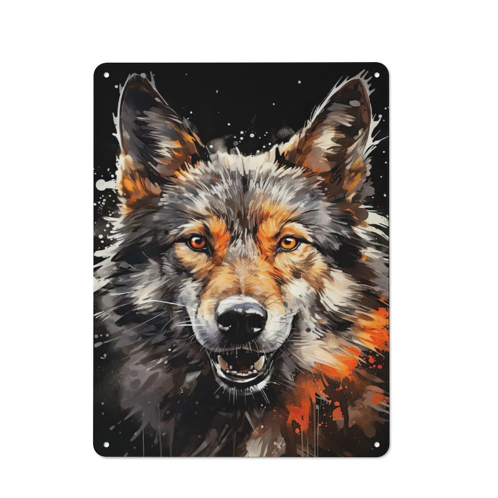 Tin Wall Plaque with Wolf Portrait with Splashes Design 40x30cm, Country Vintage Cottage Wall Art for Kitchen, Cottage, Porch Or Garden Room